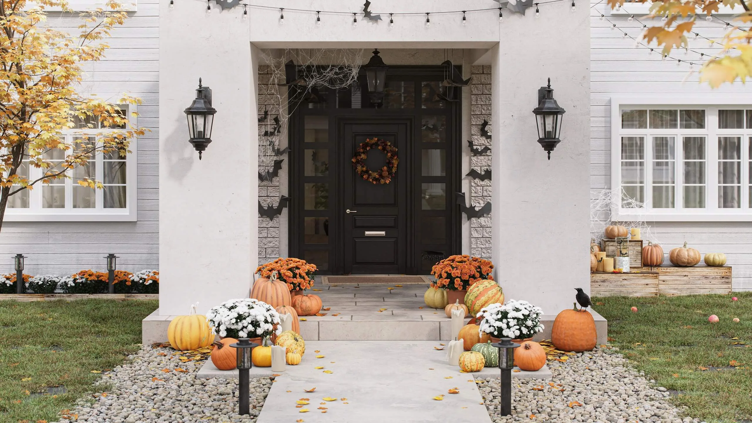 Front entrance of a suburban home decorated with pumpkins and fall flowers in a seasonal real estate 3D render