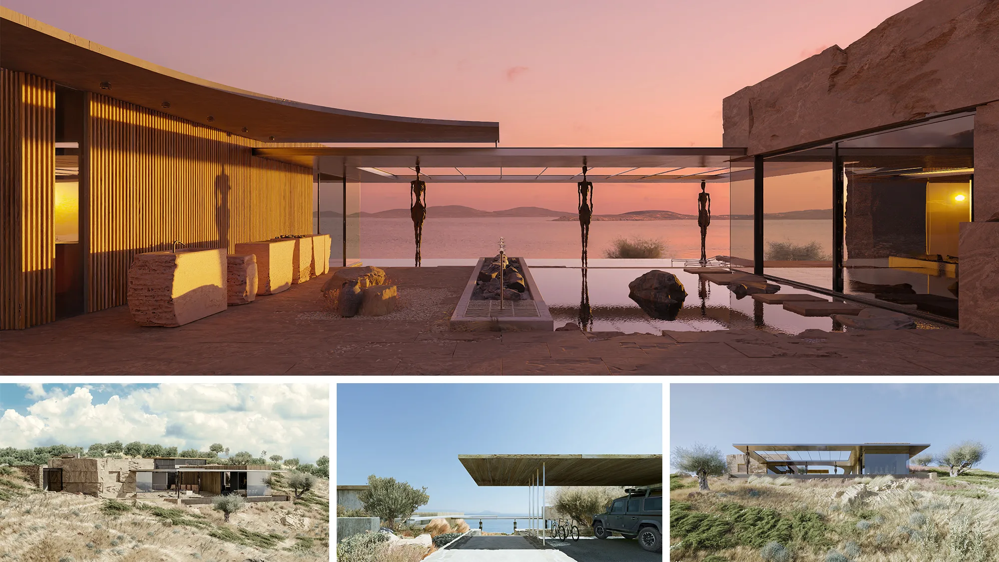 Modern architectural property by the water with outdoor lounge and reflecting pool shown in a series of 3D renderings