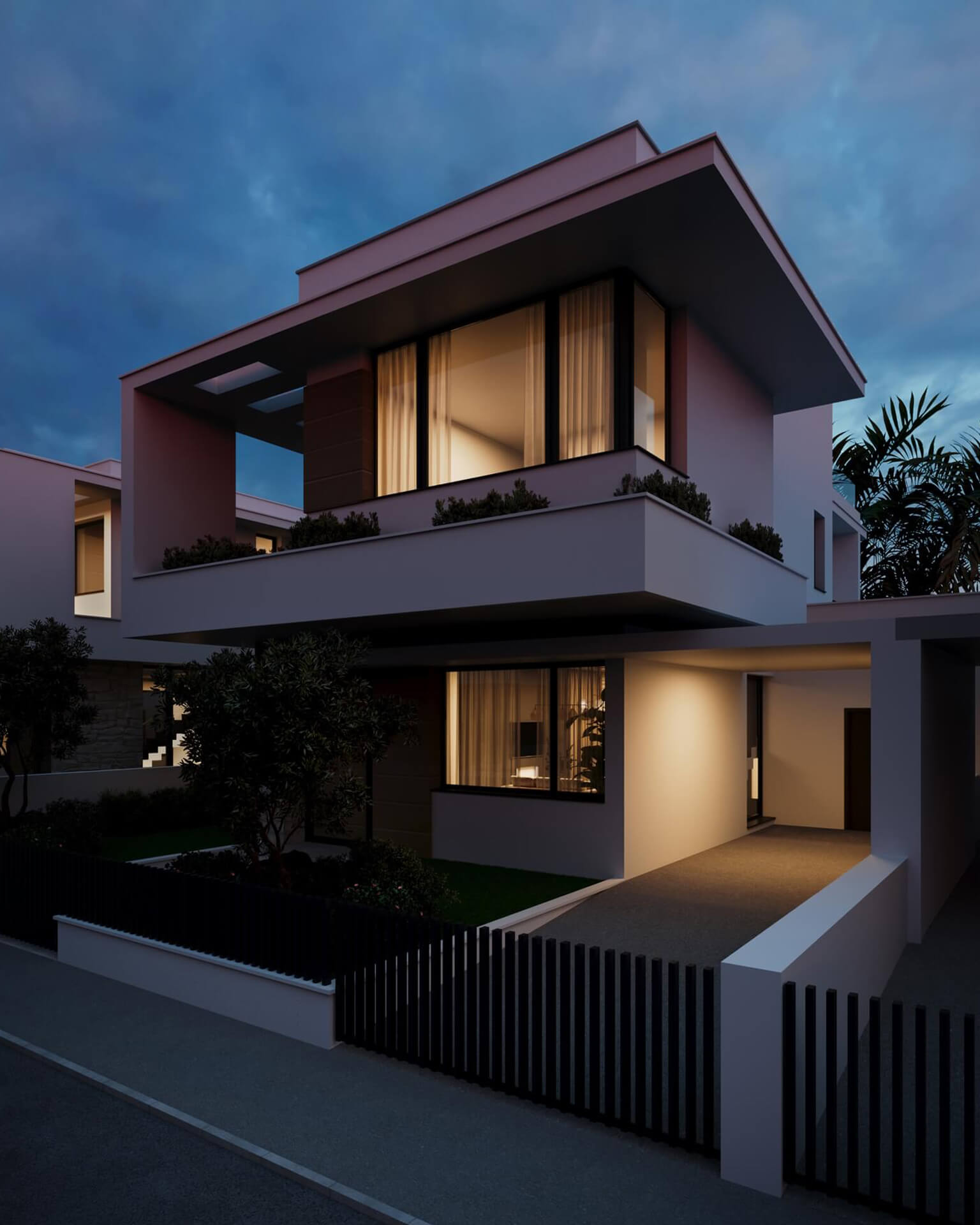 Nighttime Single-Family House 3D Rendering