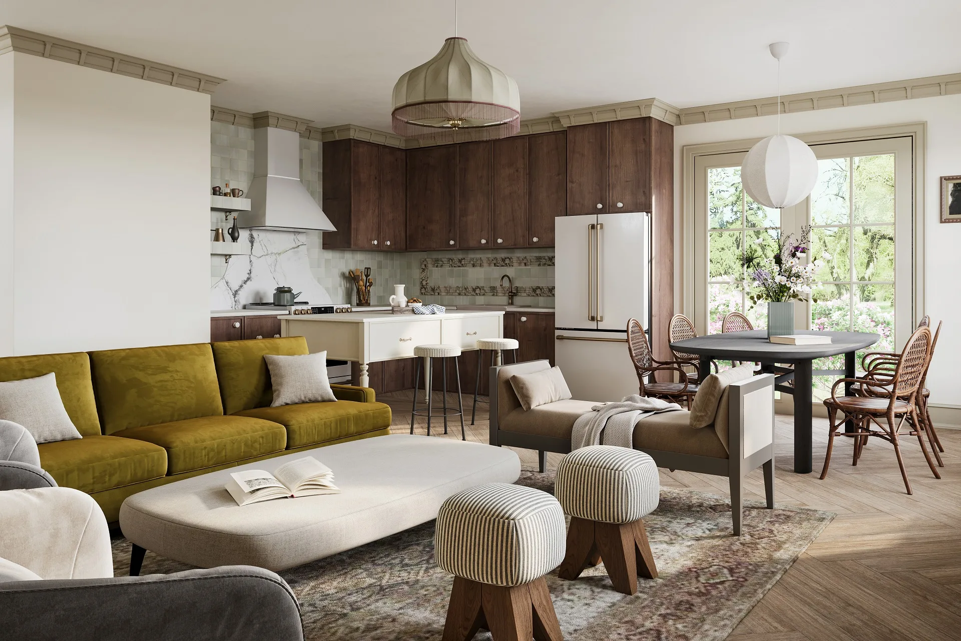Hospitality 3D render of an open-plan kitchen and dining area with wood cabinets, sofa, and round table