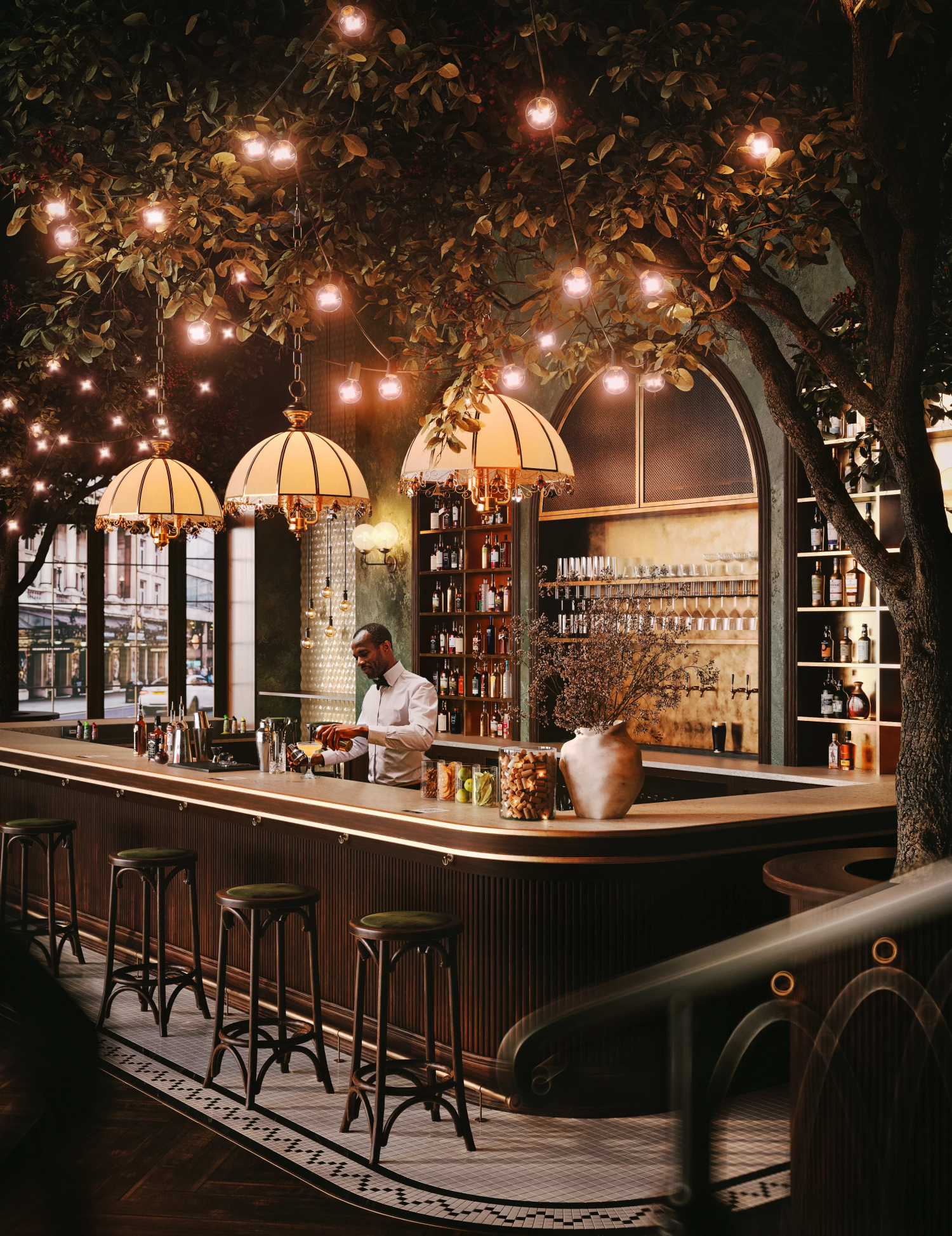 3D Restaurant Interior with a Barman