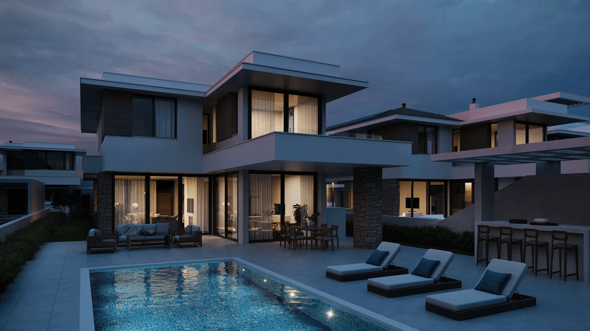 Nighttime 3D Rendering of a Villa with a Pool