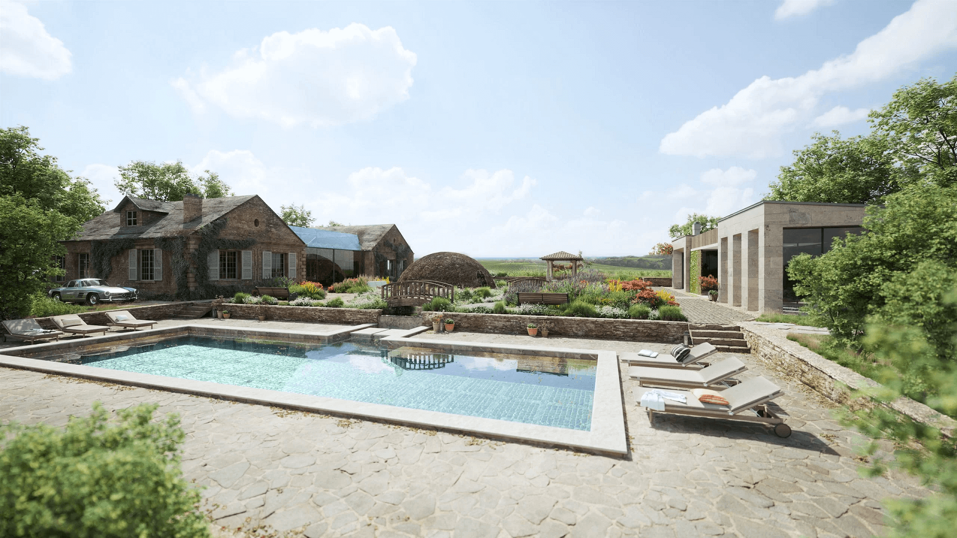 Rural Outdoors Swimming Pool 3D Rendering