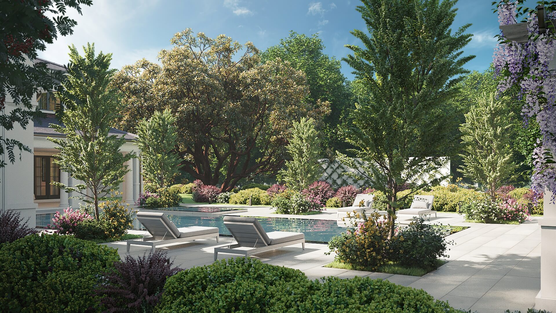 3D Rendering of a Swimming Pool in a Garden