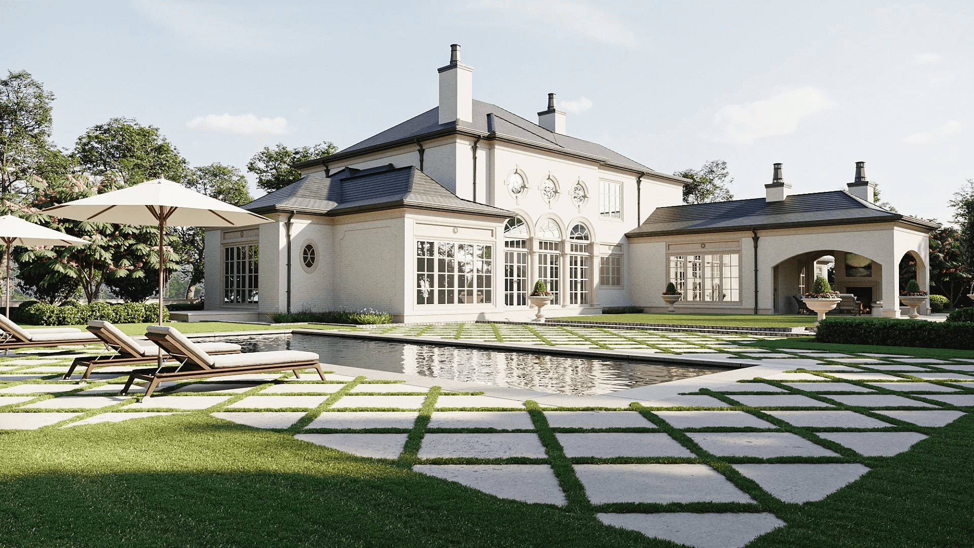 3D Rendering of a Swimming Pool in a Classic Mansion