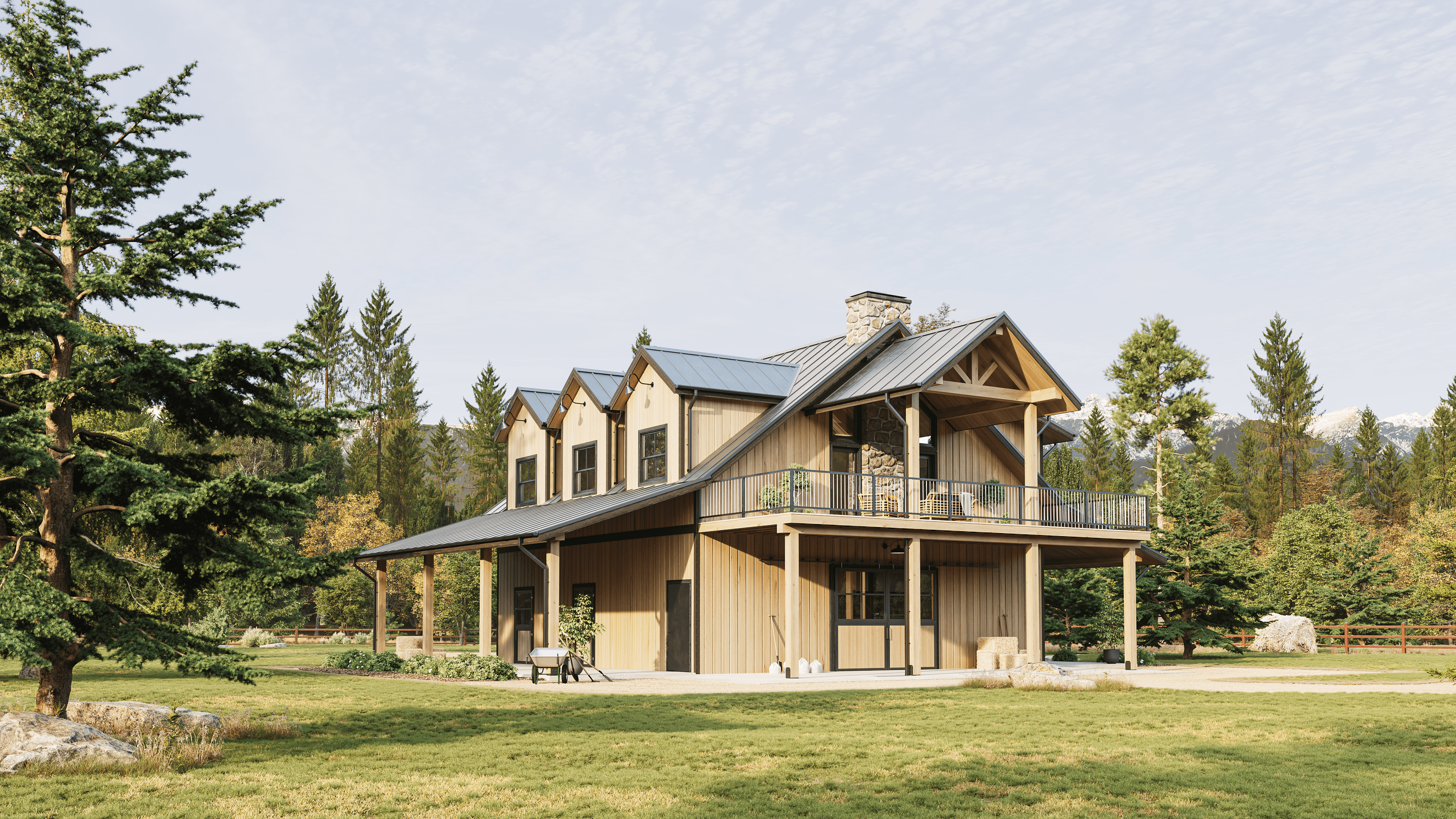 Wooden Barndominium Exterior Design 3D Render