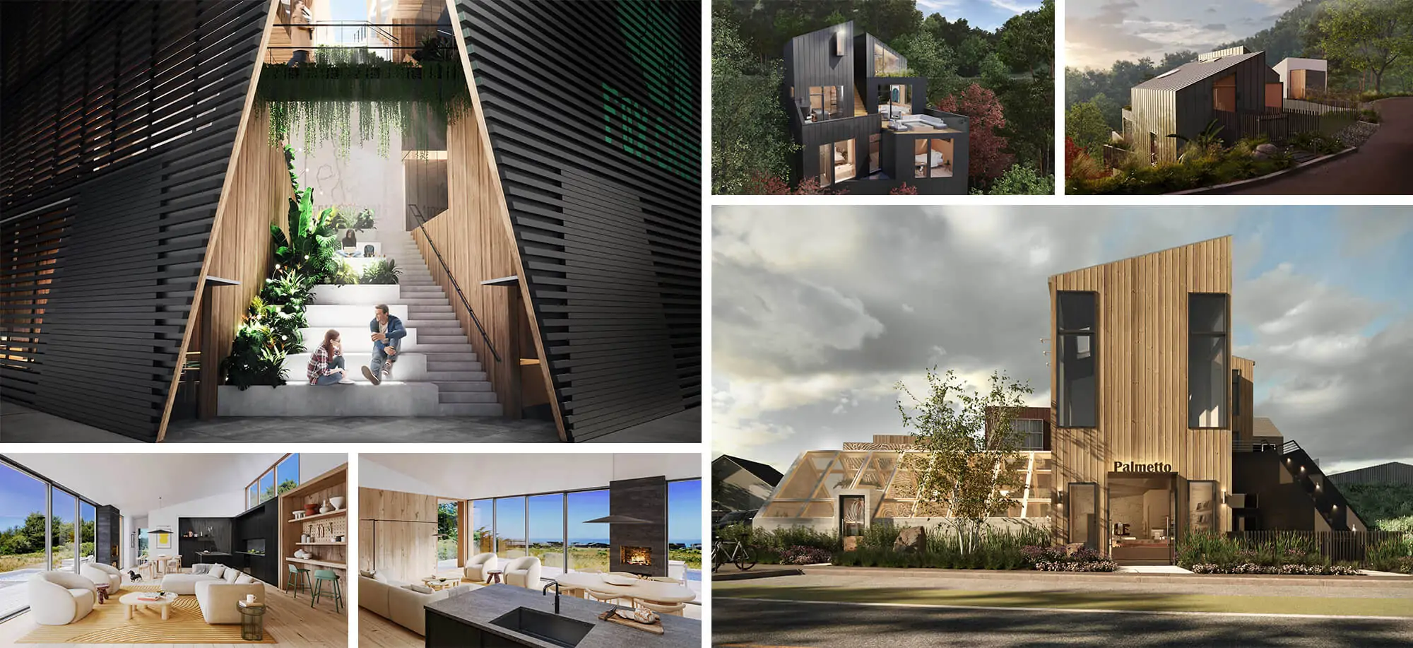 Collage showcasing architectural 3D rendering project results for a California-based company