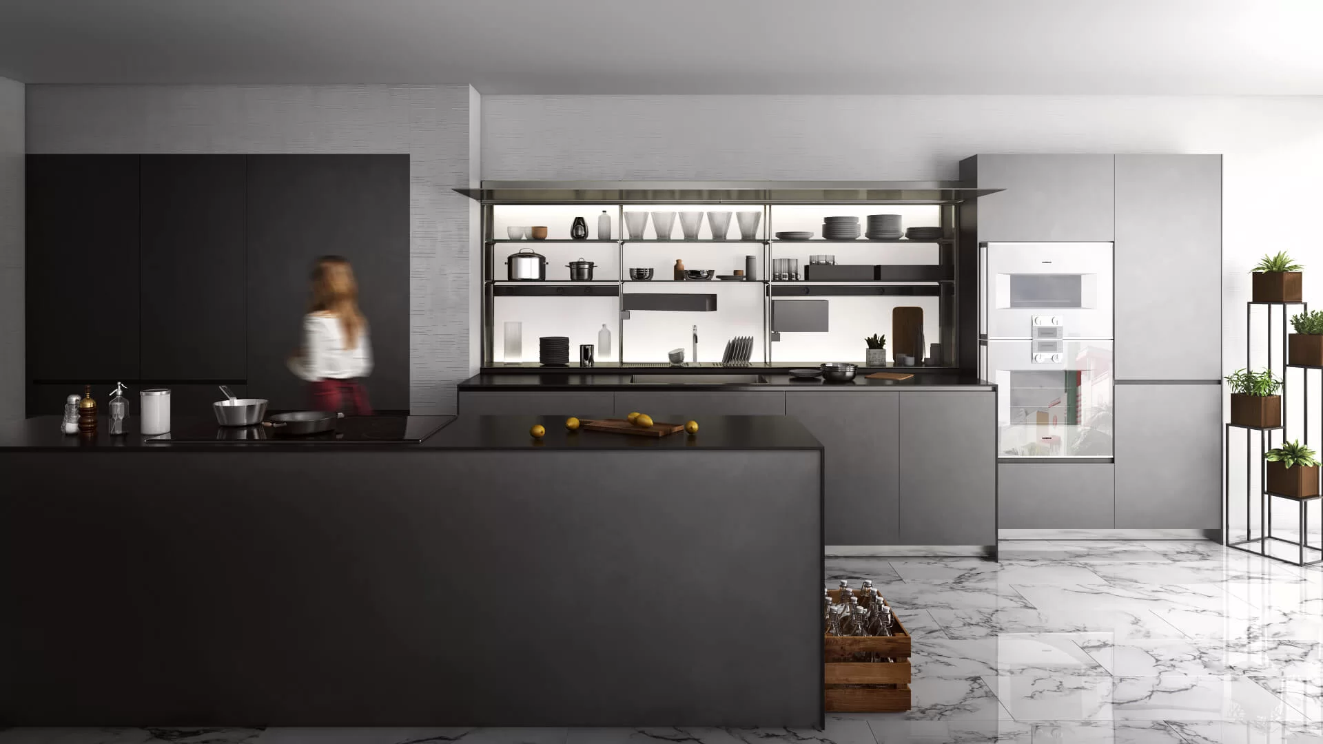 Minimalist Kitchen 3D Design Rendering with 3D People