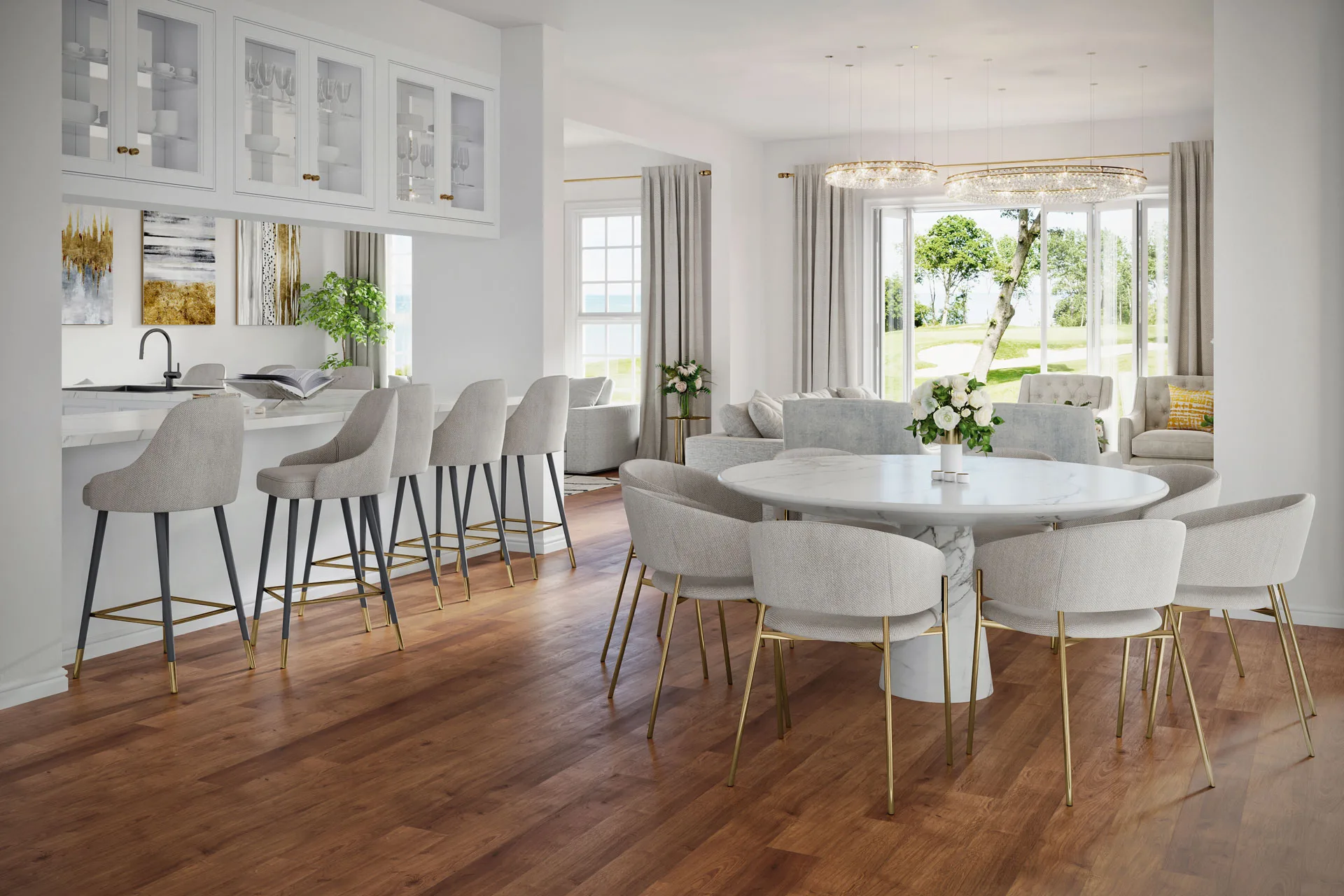 3D rendering of a Hamptons-style dining room with a round marble table, kitchen island, and large windows