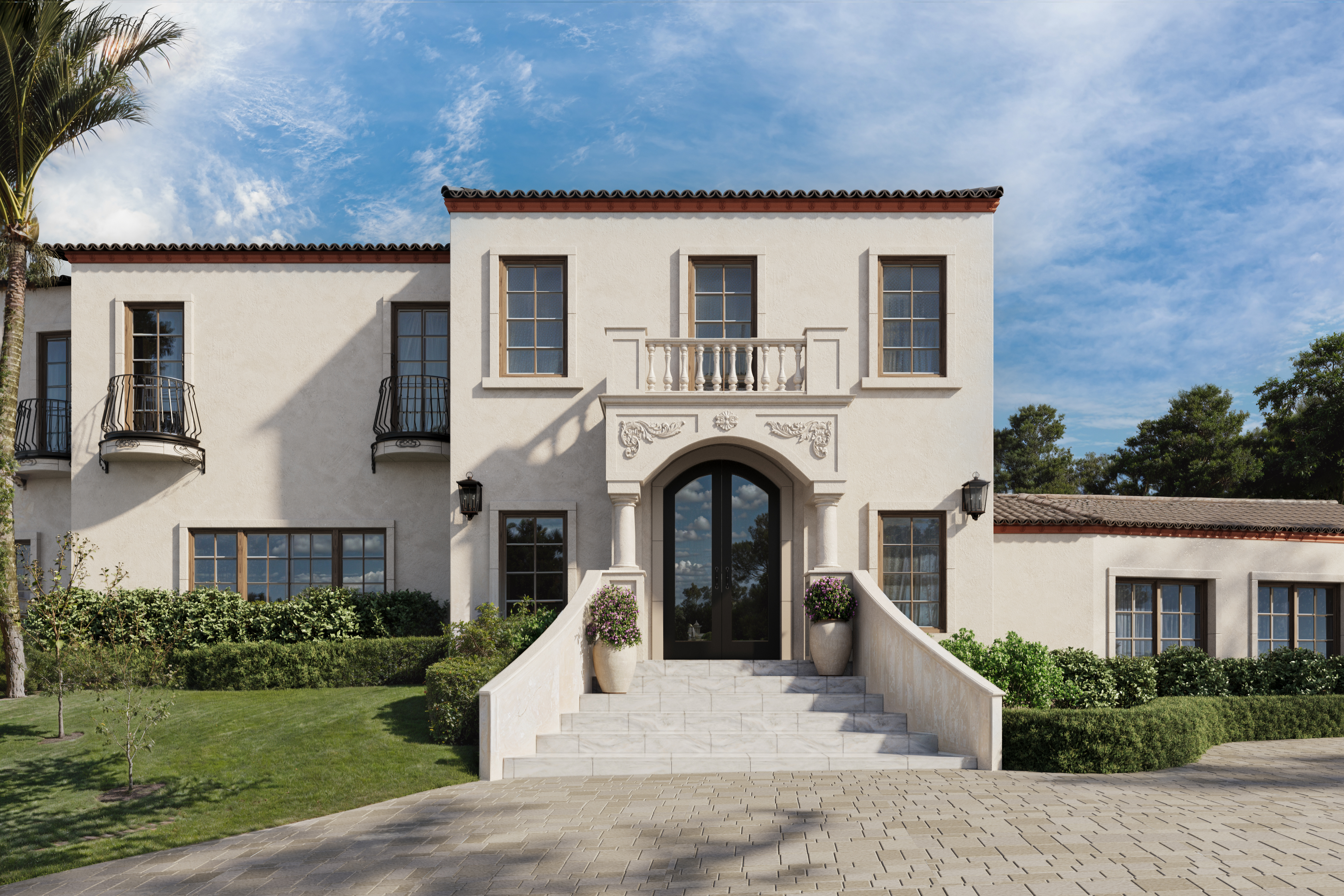 Front View 3D Rendering of a Mediterranean-style Villa