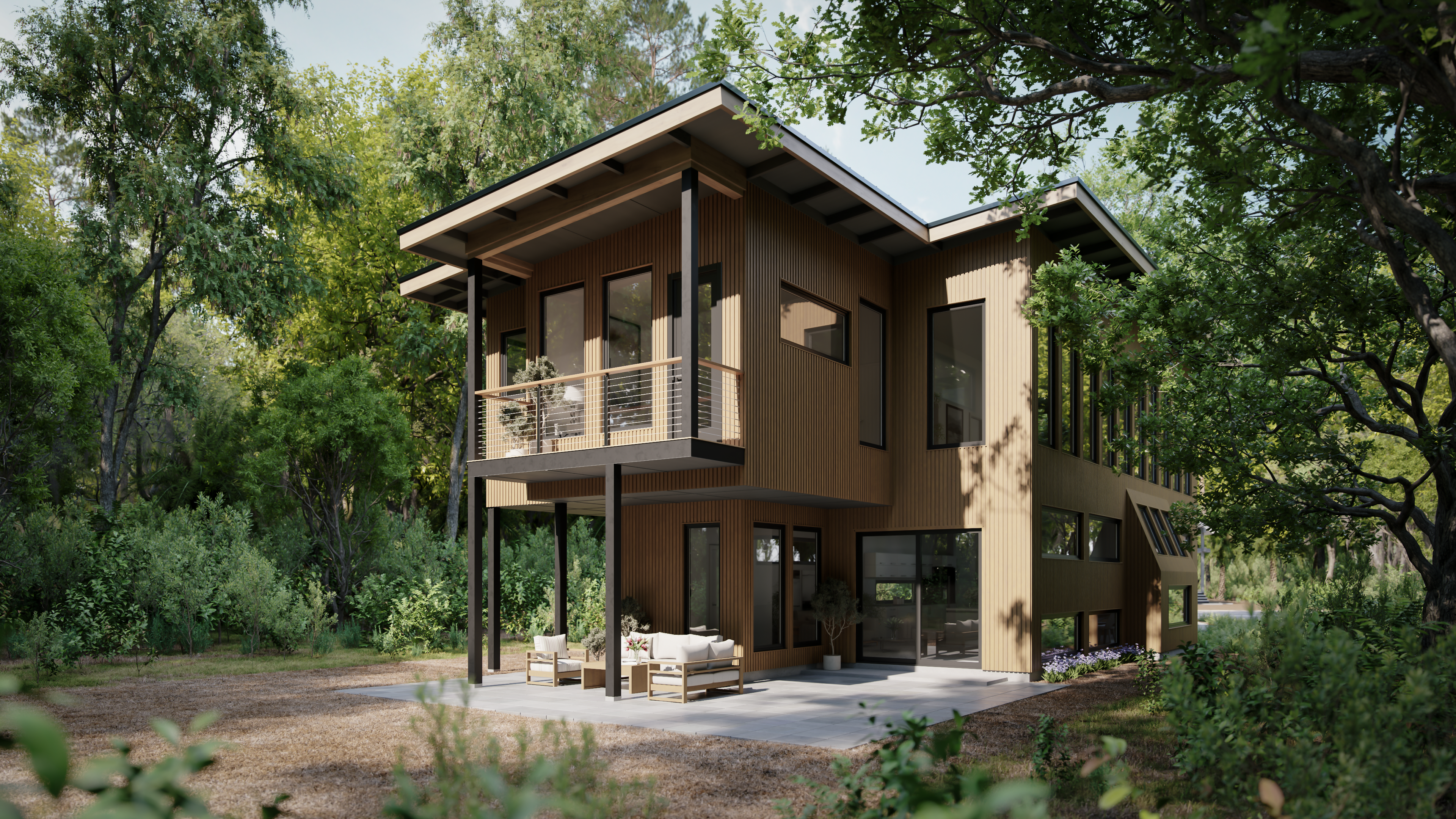 3D Visualization of a Two-Story Timber House in Florida