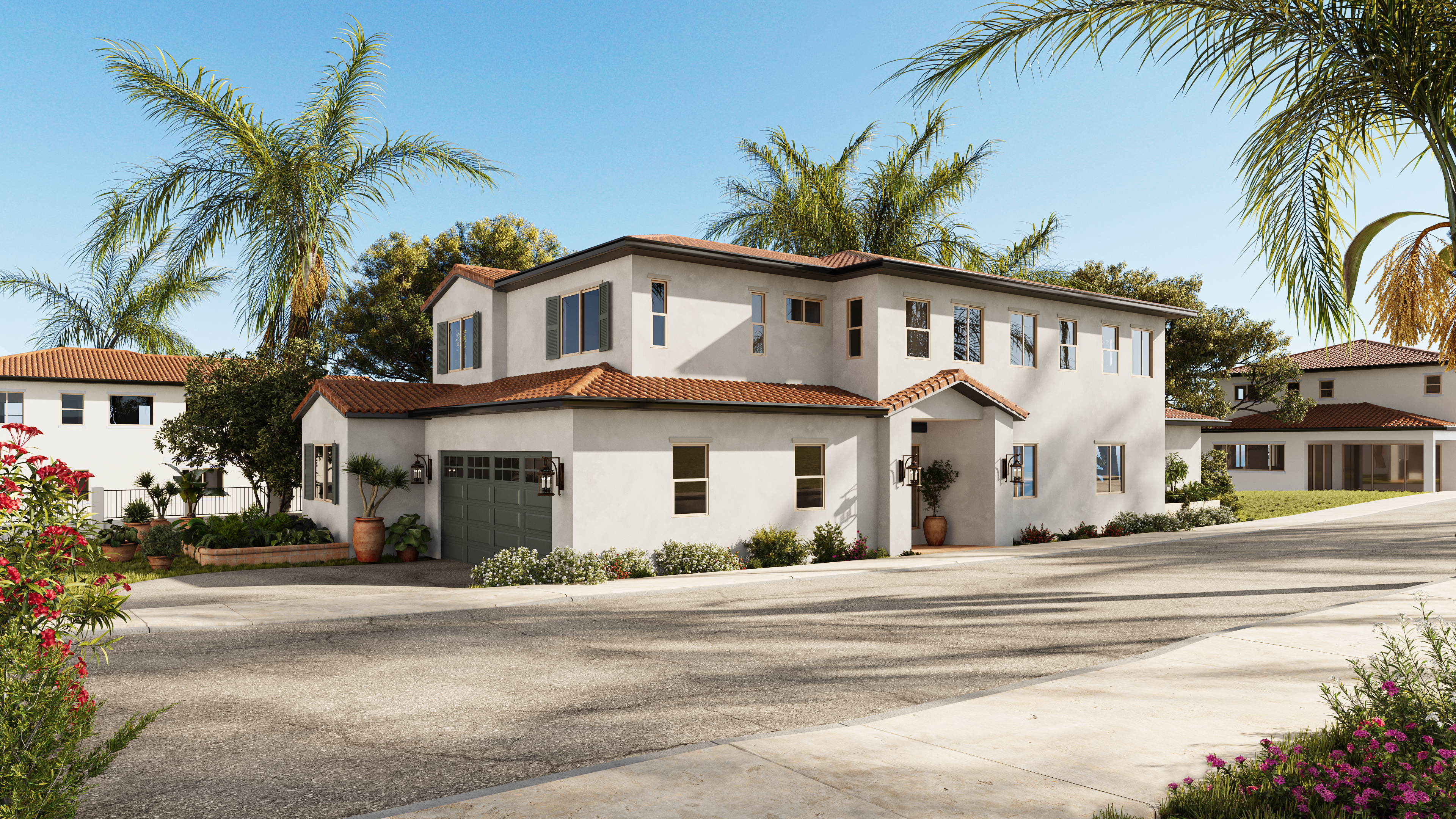 CGI of a Mediterranean-Style House with White Stucco Walls and Terracotta Roof