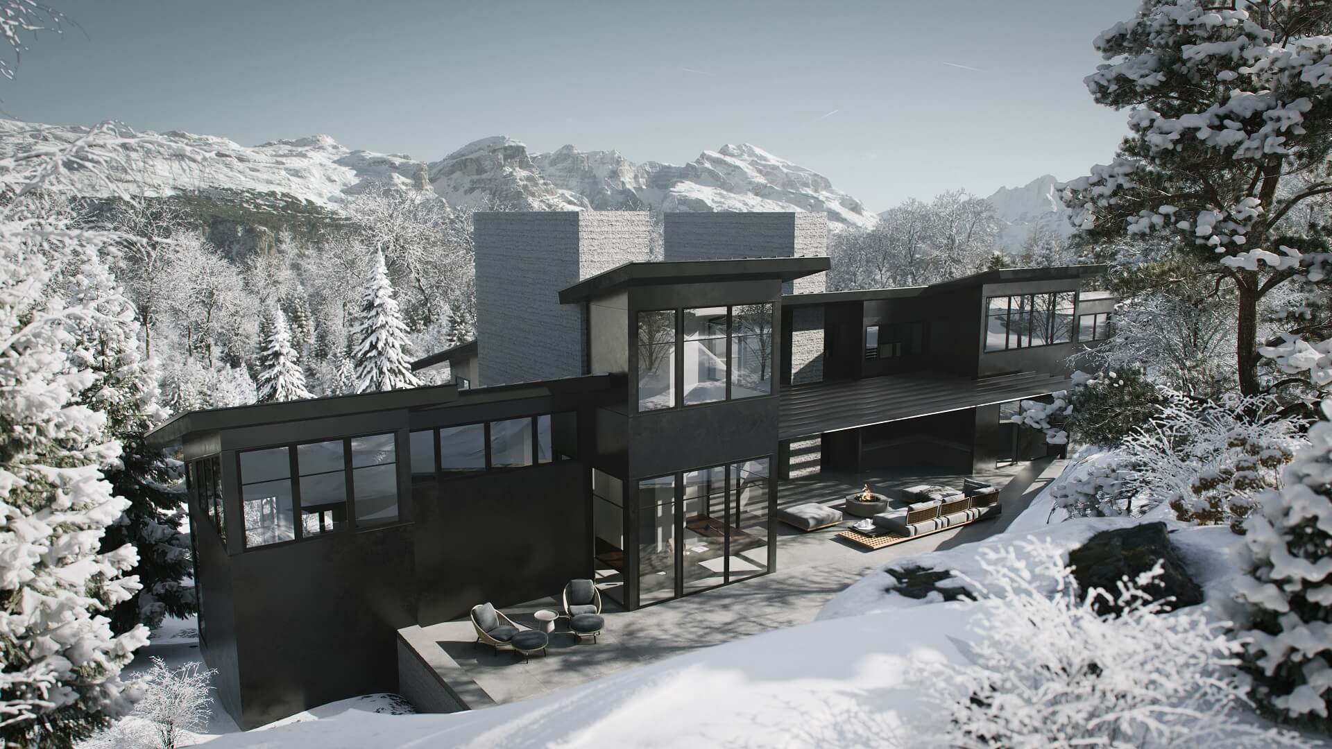 Exterior 3D Rendering in Snowy Landscape
