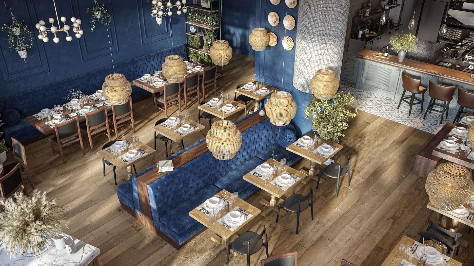 Restaurant Interior Rendering: Higher Angle View