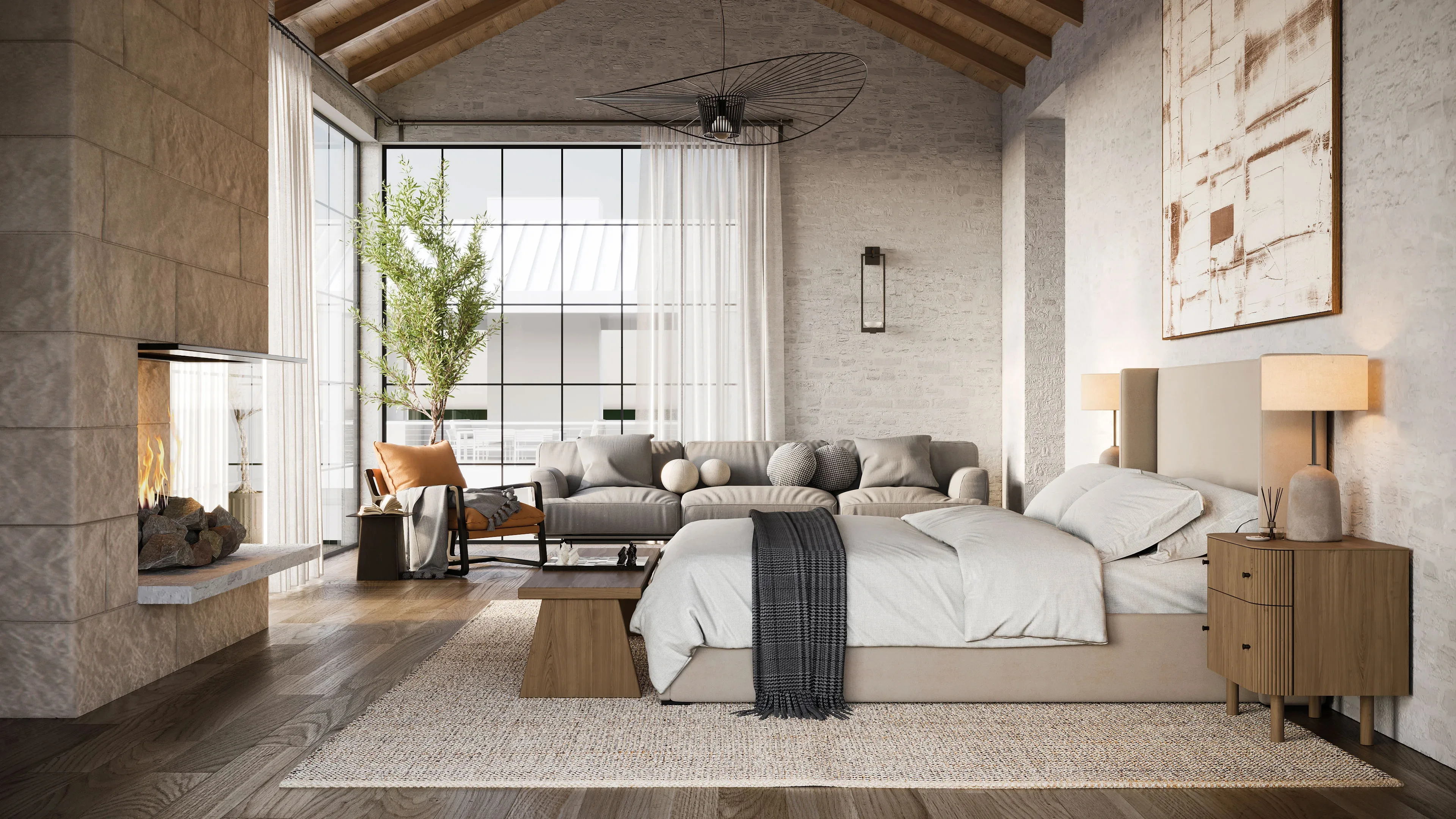 A calm interior rendering of a soft-toned bedroom suite with a sofa, fireplace, and large window