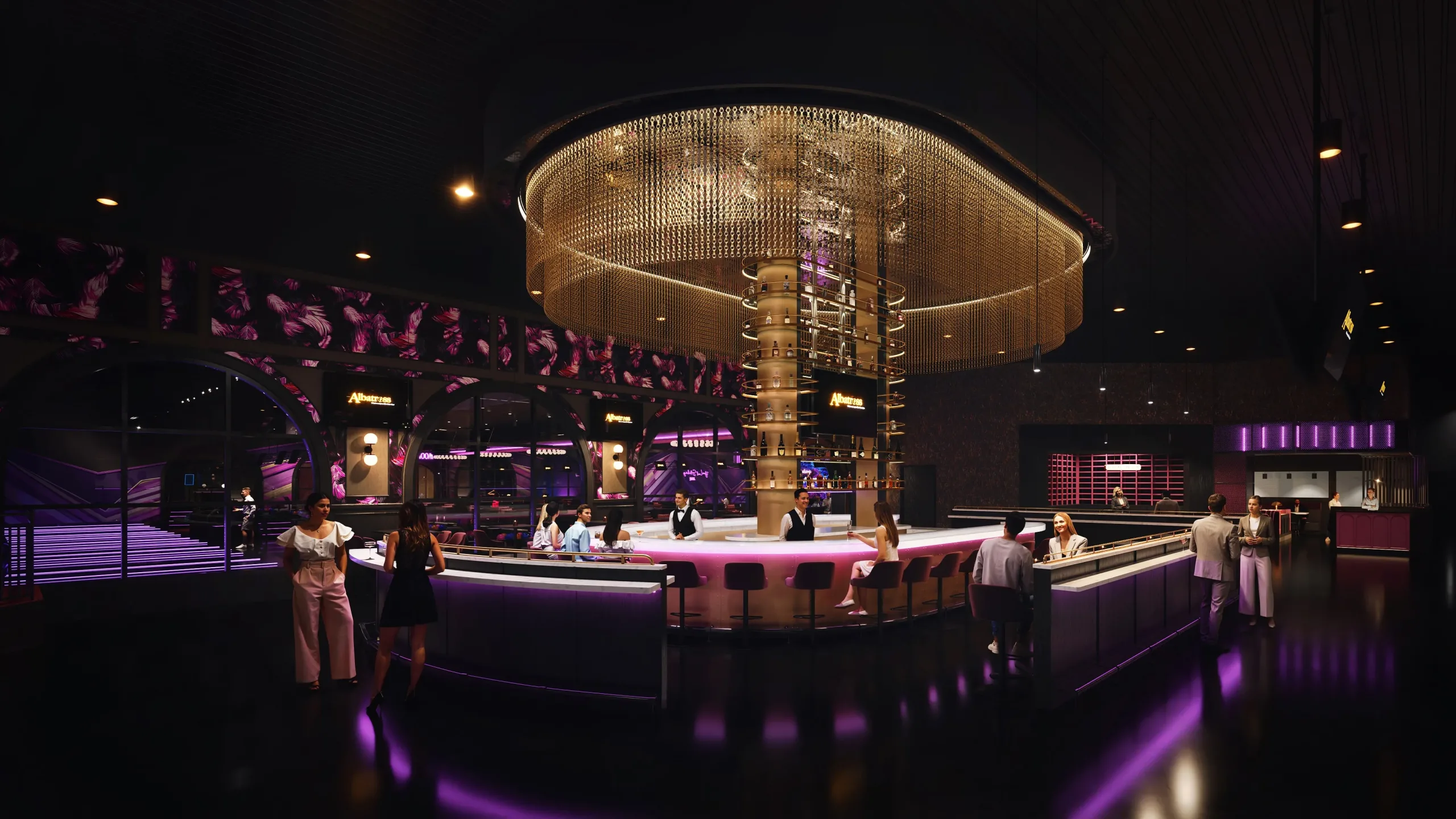 A dramatic interior rendering of a nightlife bar area with purple lights and a large central chandelier
