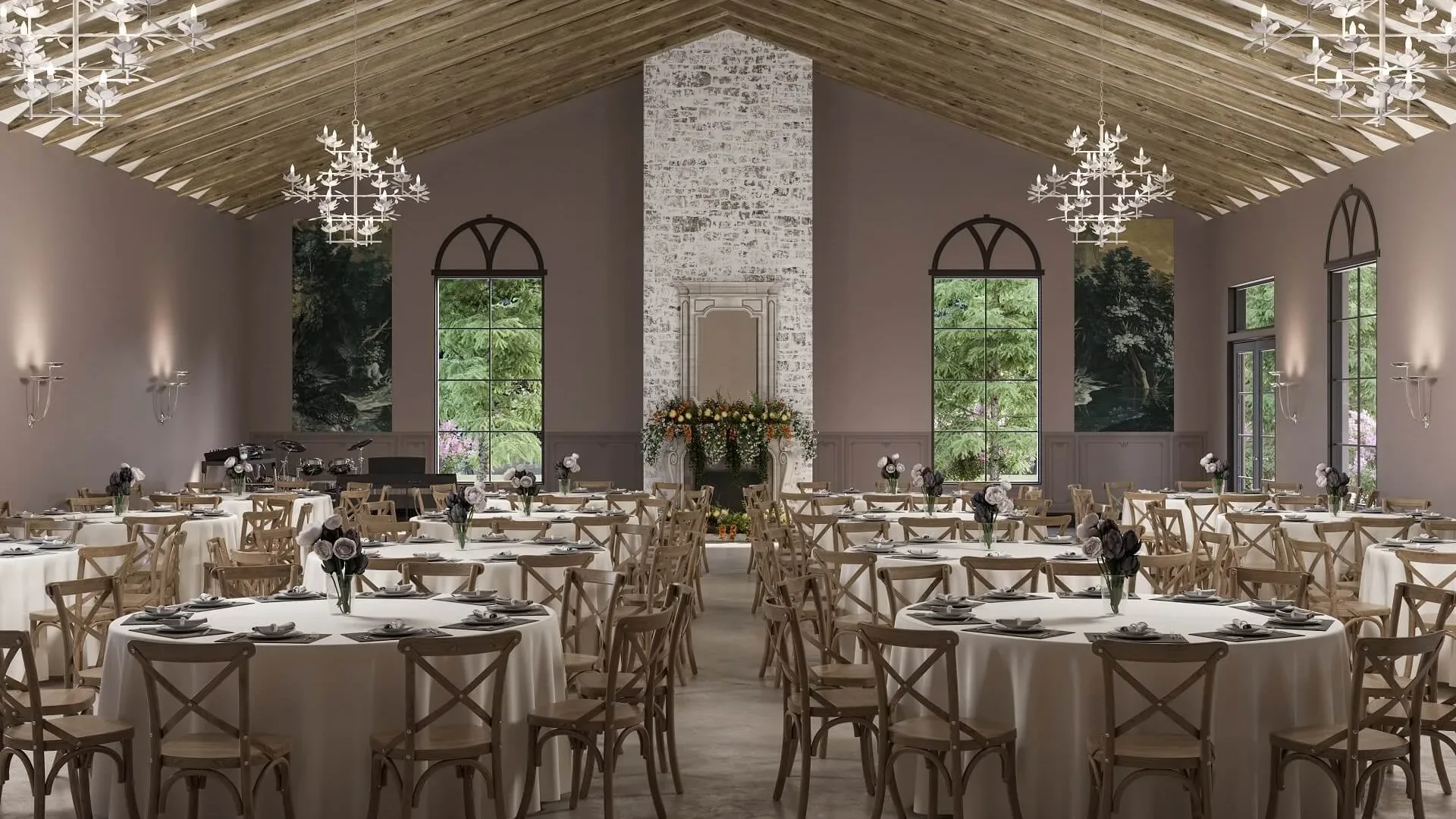 3D rendering of a spacious event venue with round tables, floral decor, and vaulted wooden ceiling