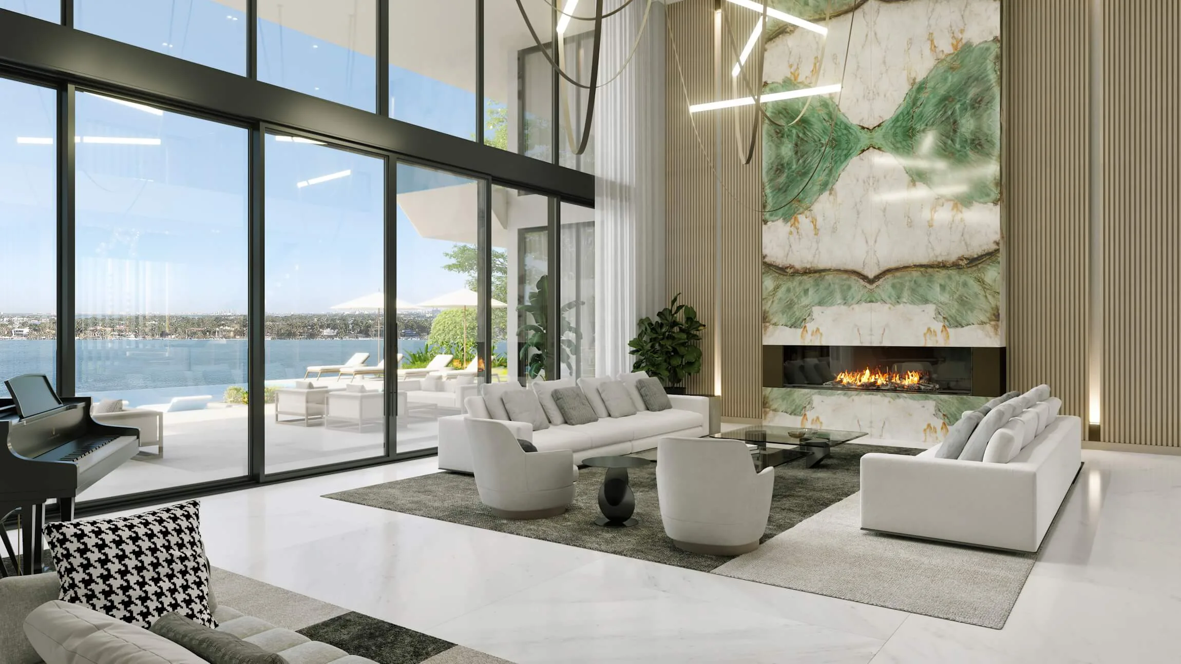 A neutral-toned interior rendering of a formal living room with velvet seating and classic decor