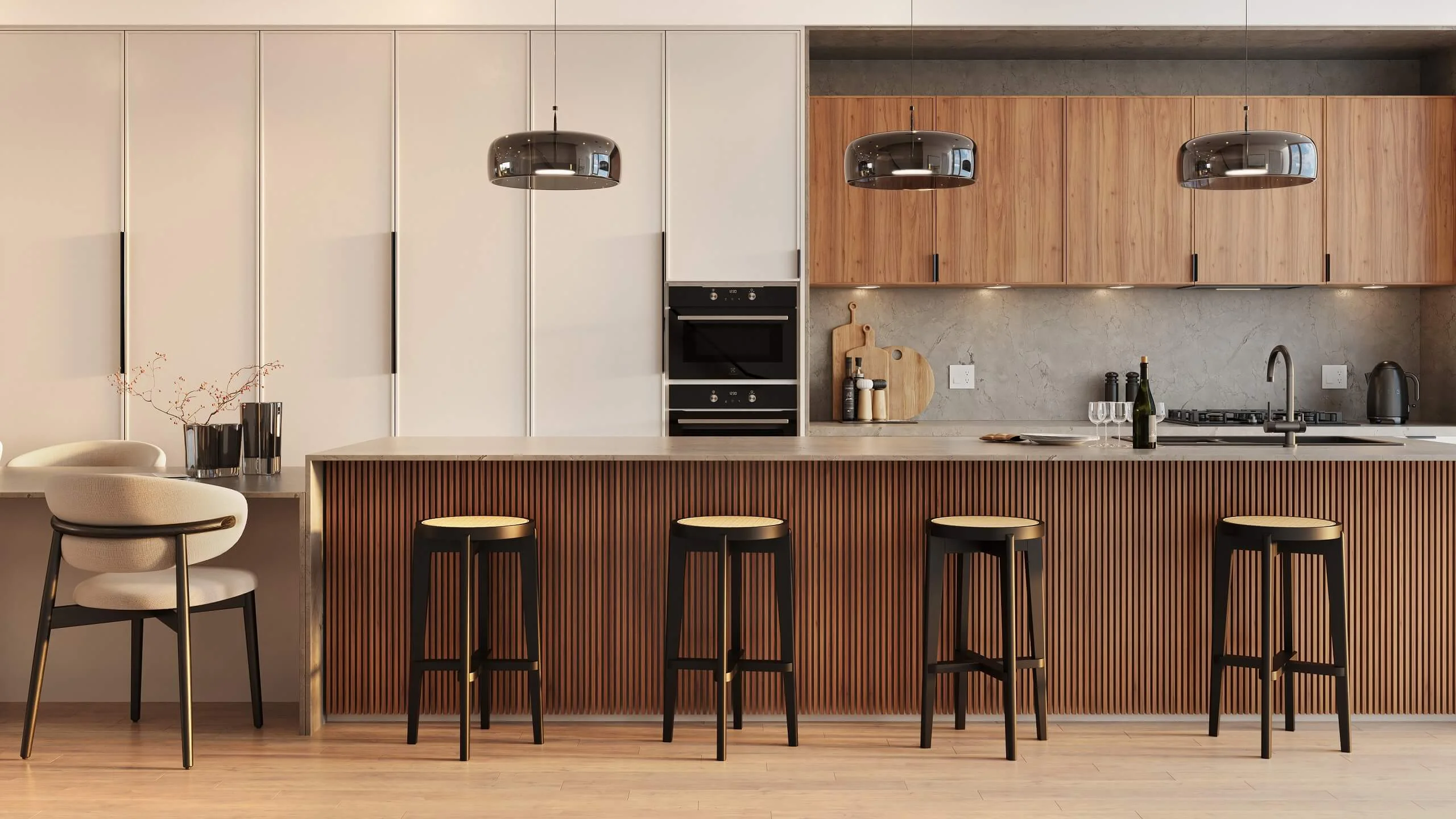 A minimalist interior rendering of a modern kitchen with wood finishes and pendant lighting