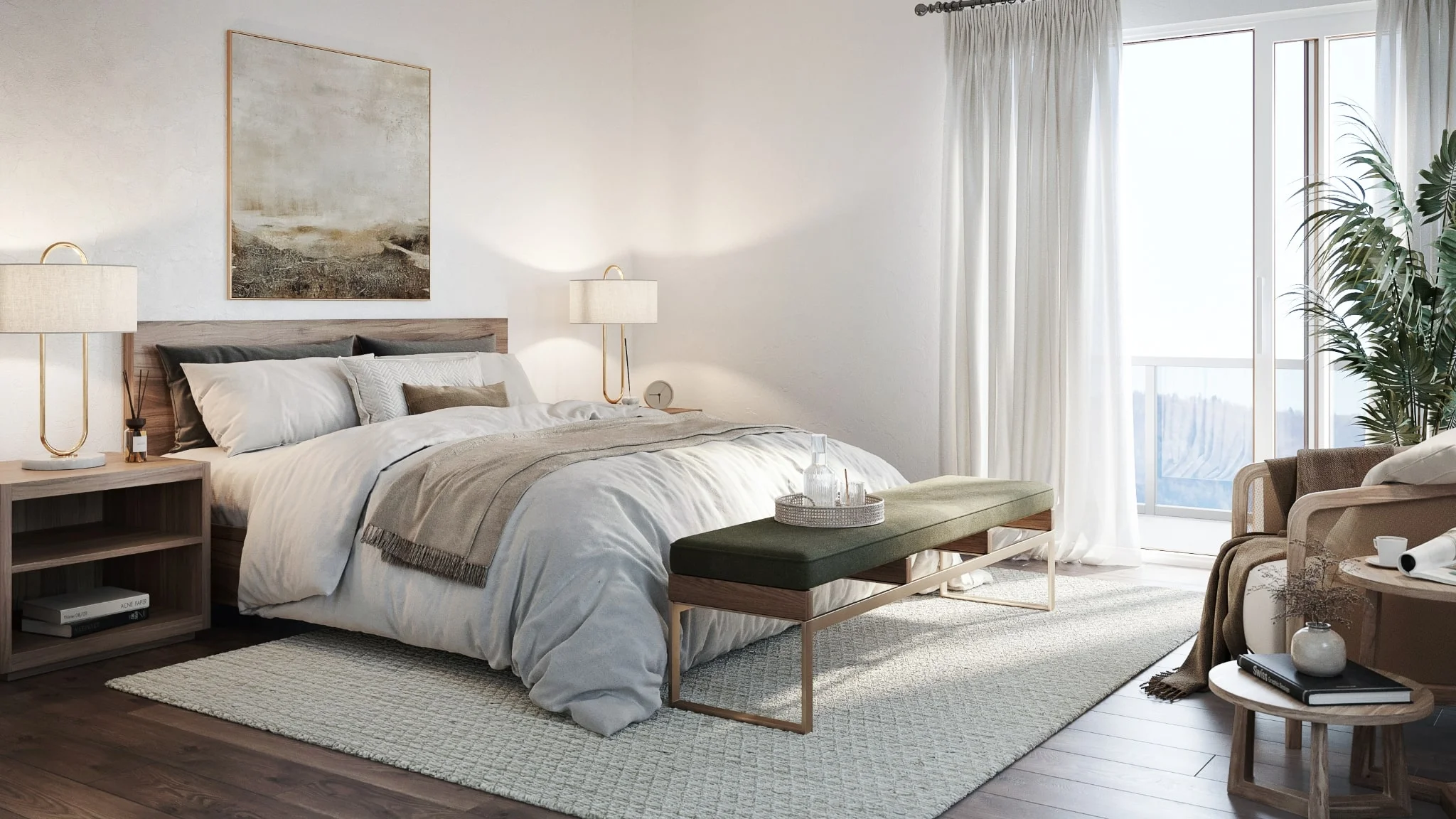 An interior rendering of a light and minimal bedroom with a soft bed, wooden floor, and full-height window
