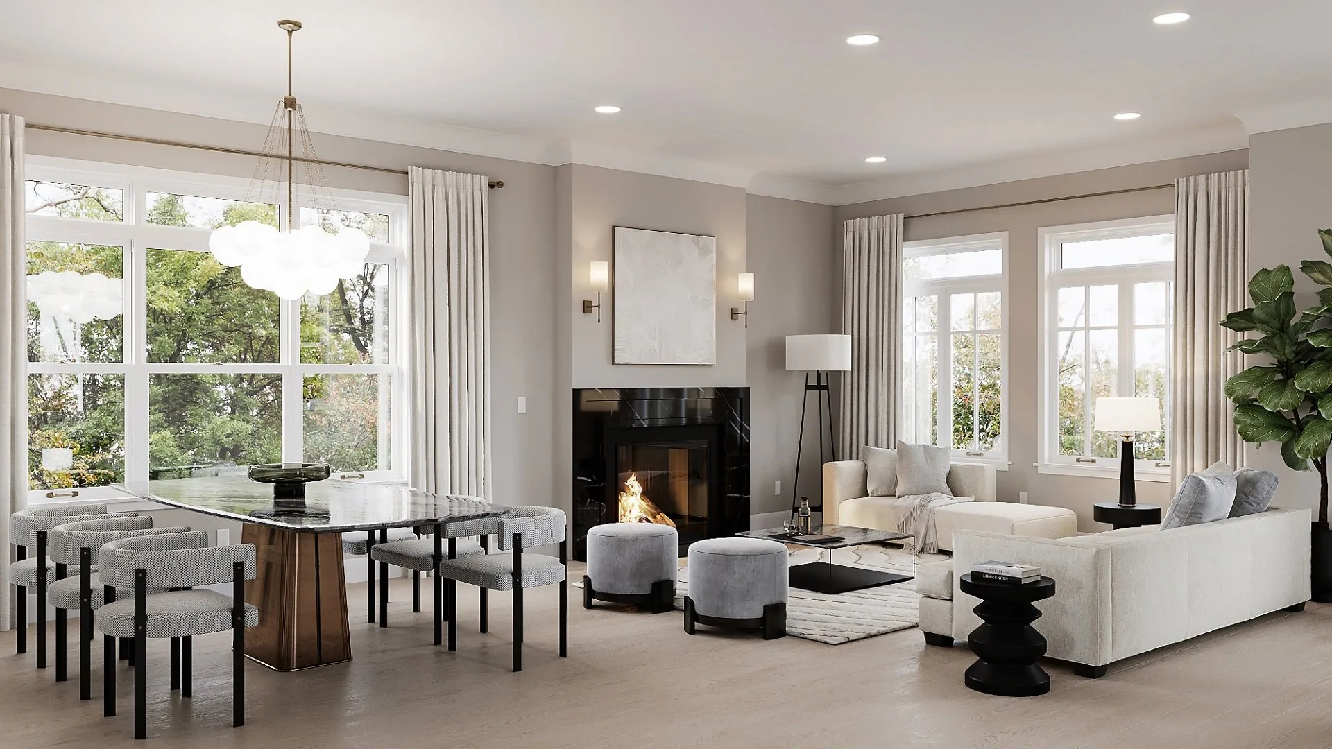 A realistic interior rendering of a bright living room with brown couches and full-height windows