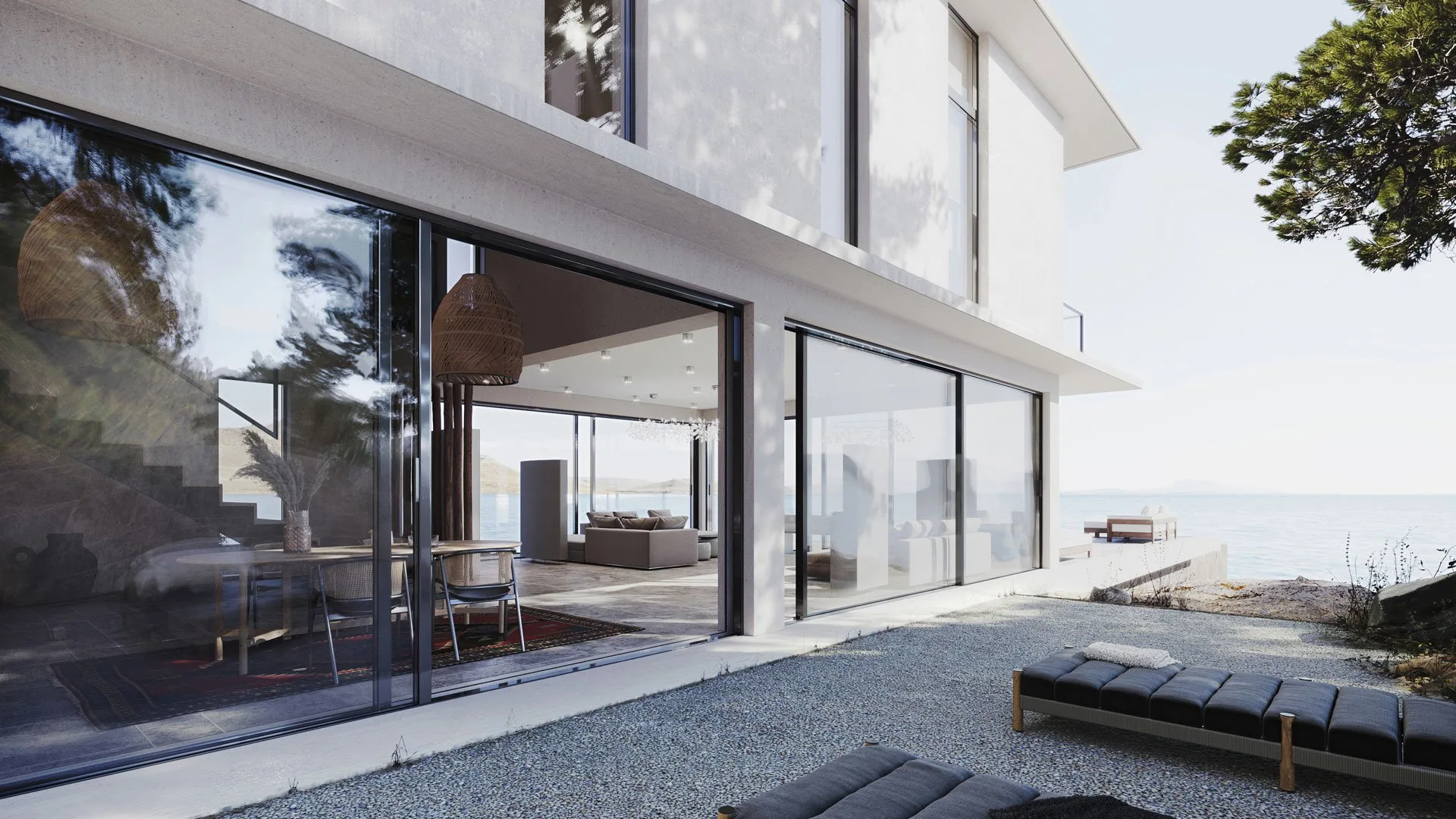 A cozy interior rendering of a villa lounge viewed through large glass doors at night