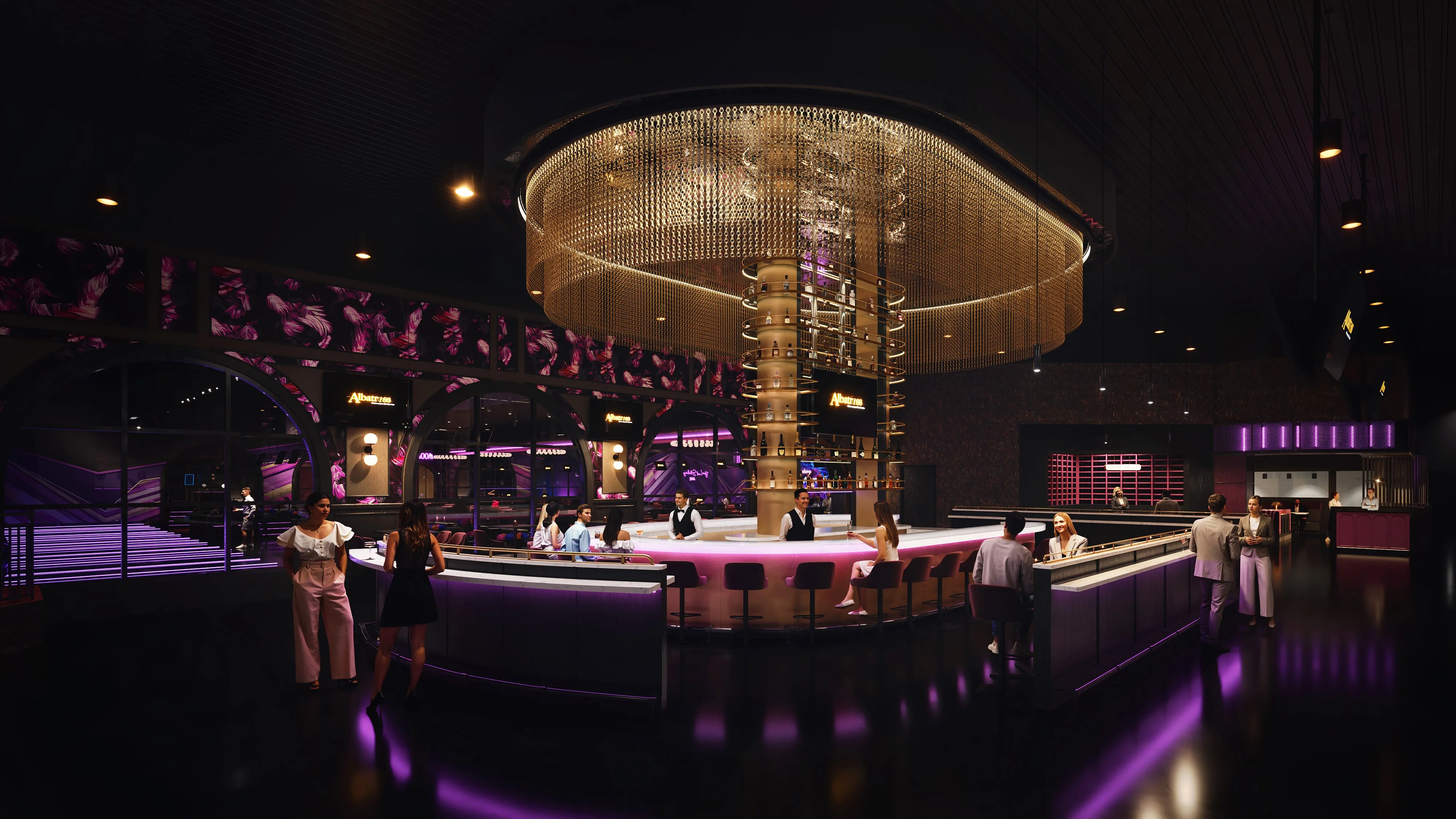 A circular bar with a central chandelier and bottle display featured in a 3D rendering of a hospitality interior