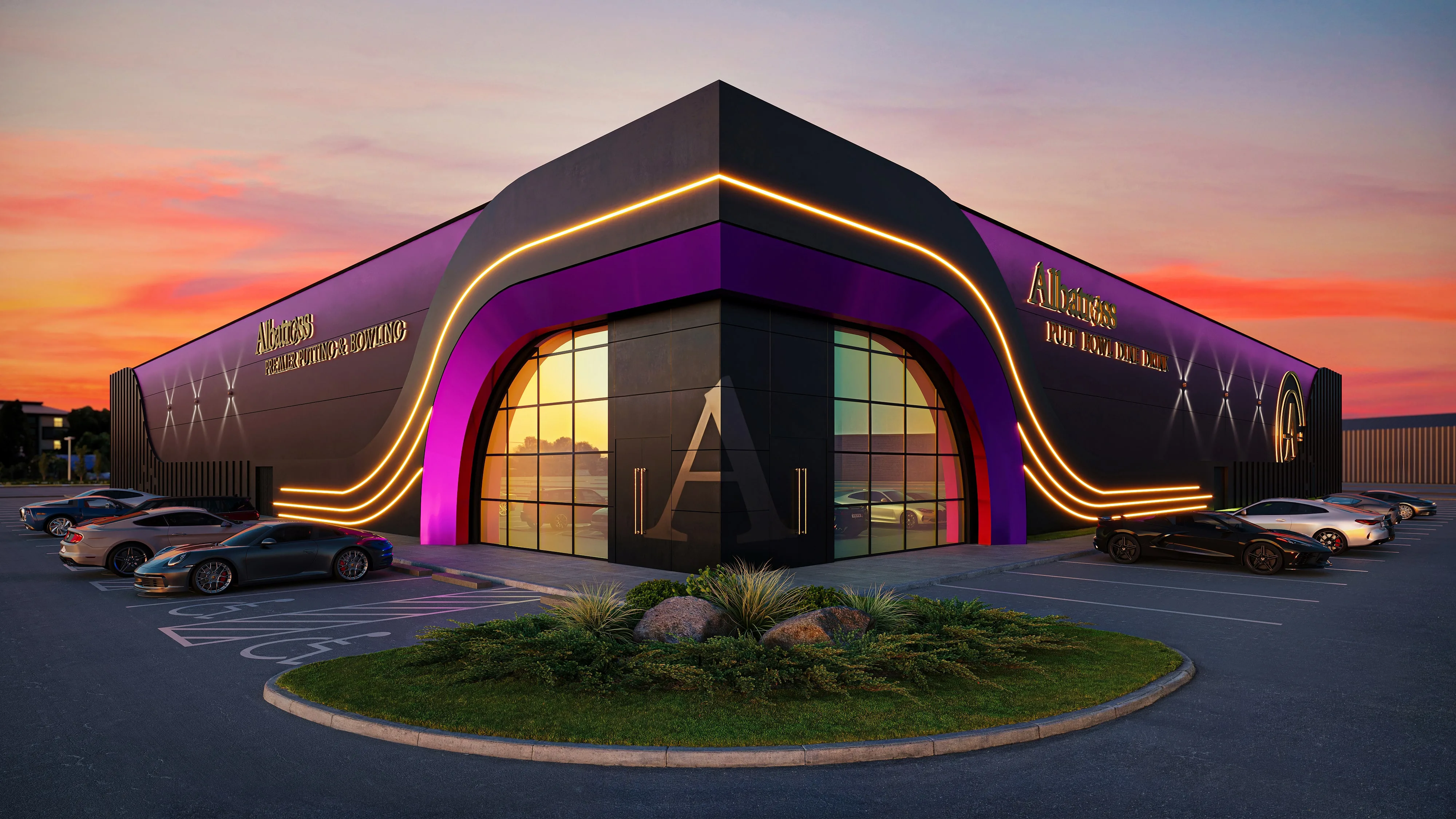 A black entertainment center with arched glass panels and neon signs shown in a 3D rendering of an exterior