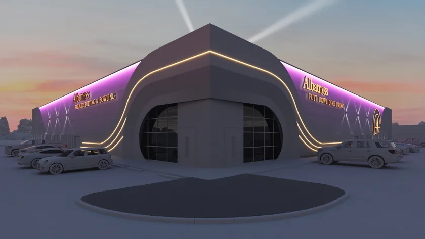 Grayscale 3D rendering of an entertainment center with glass walls and illuminated signage