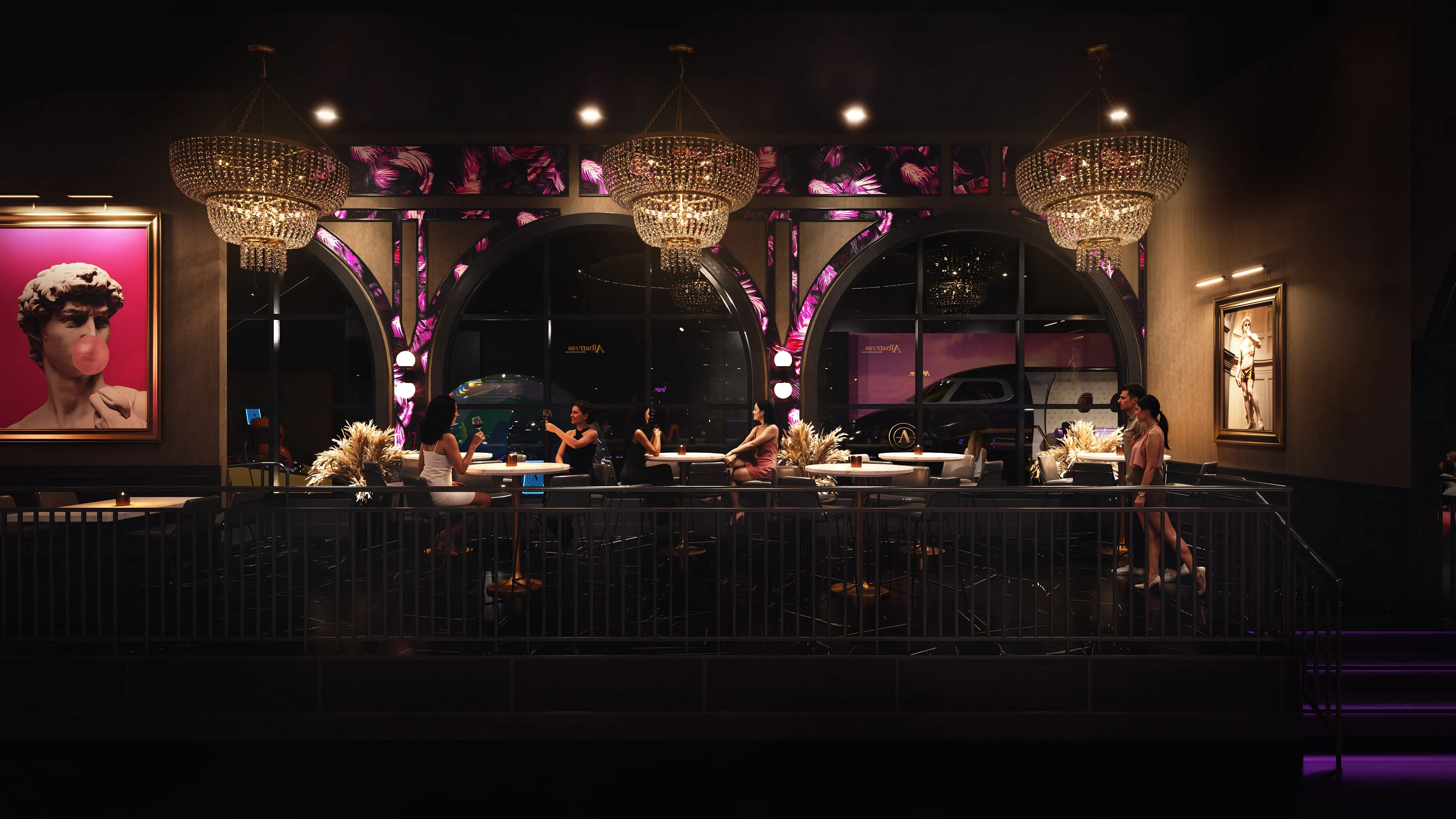 An elegant lounge with velvet chairs, chandeliers, and tall arched windows in a hospitality 3D rendering interior