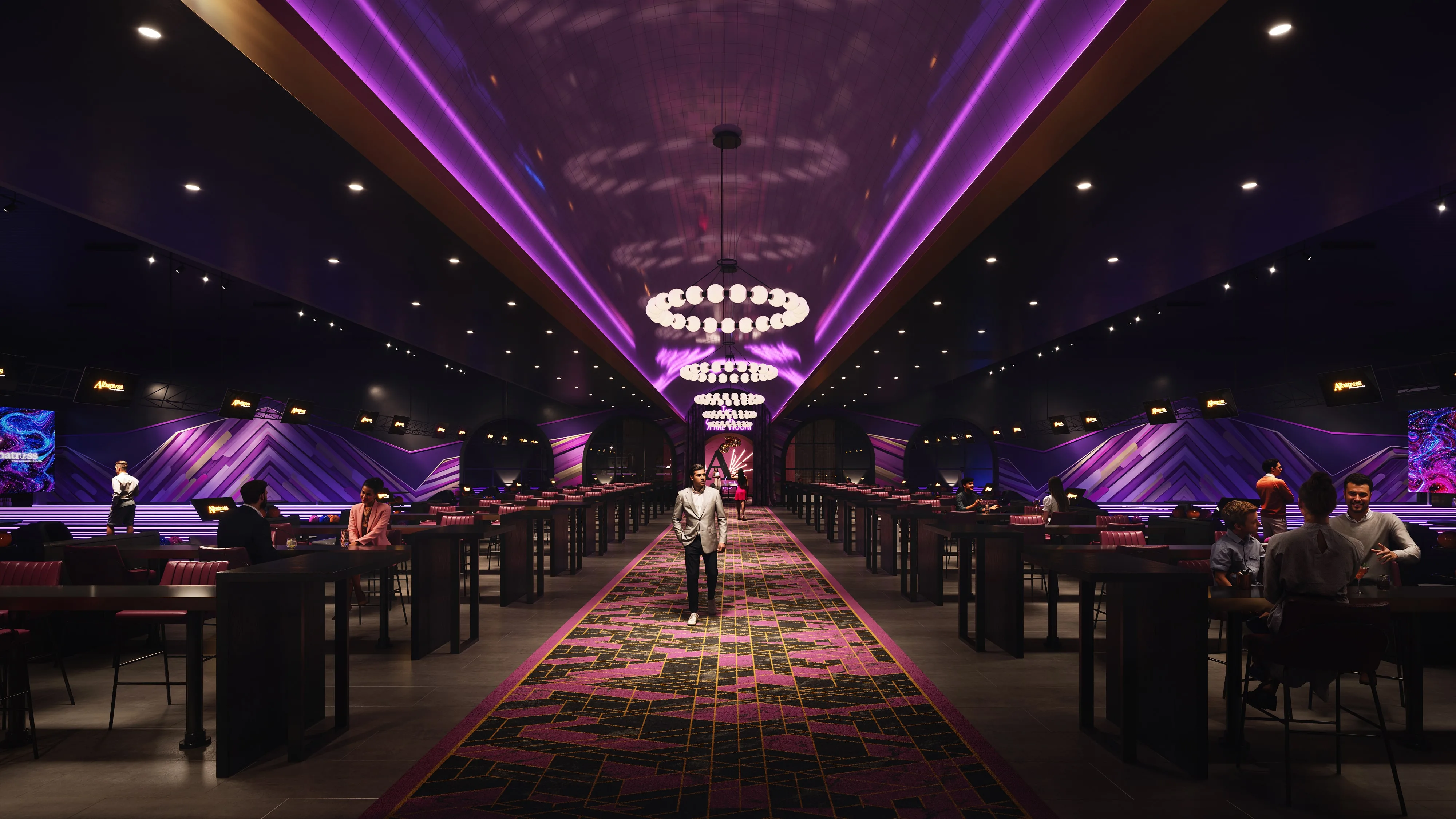 A spacious dining area with purple LED lighting and round tables in a 3D rendering of a hospitality interior