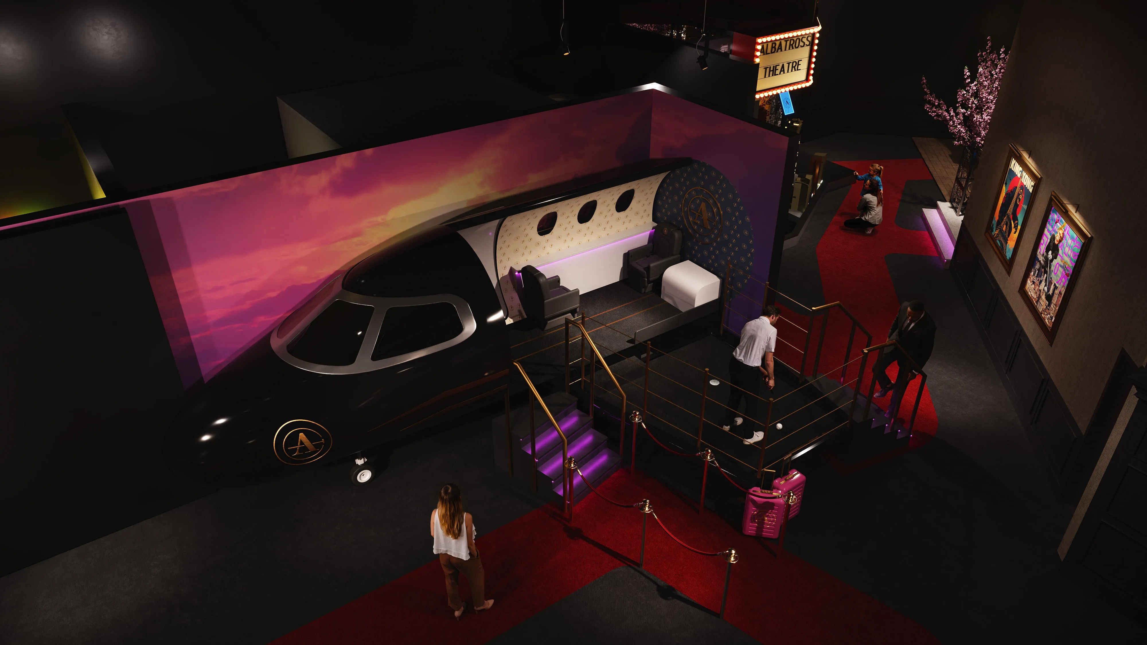 An airplane-themed mini golf space with props and turf in a 3D rendering of a hospitality interior