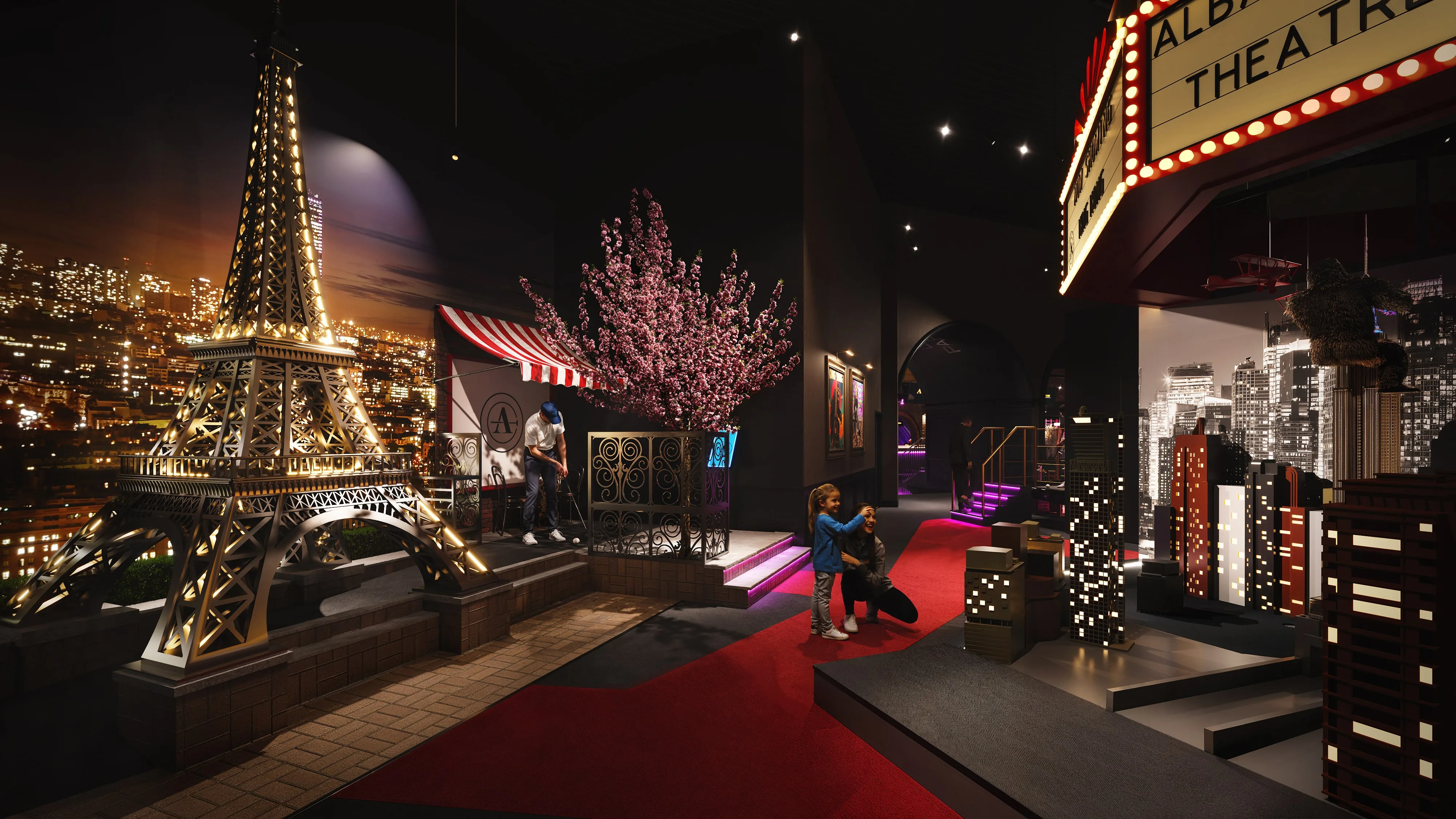 An indoor decorative zone with a cherry tree and Eiffel Tower replica in a 3D rendering of a hospitality interior