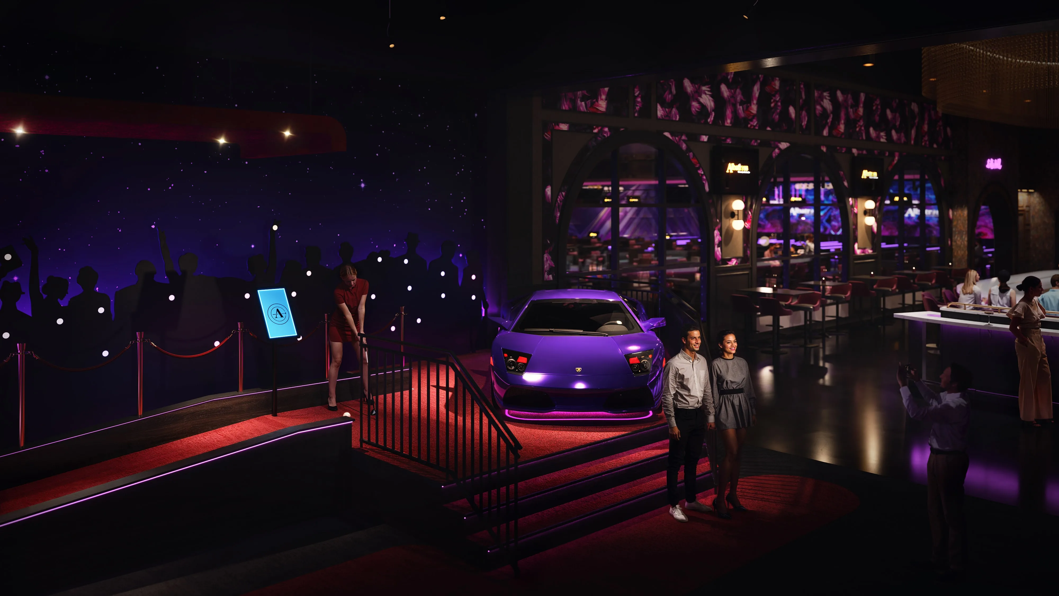 Interior render for a mini golf area with a luxury car on display and a restaurant nearby