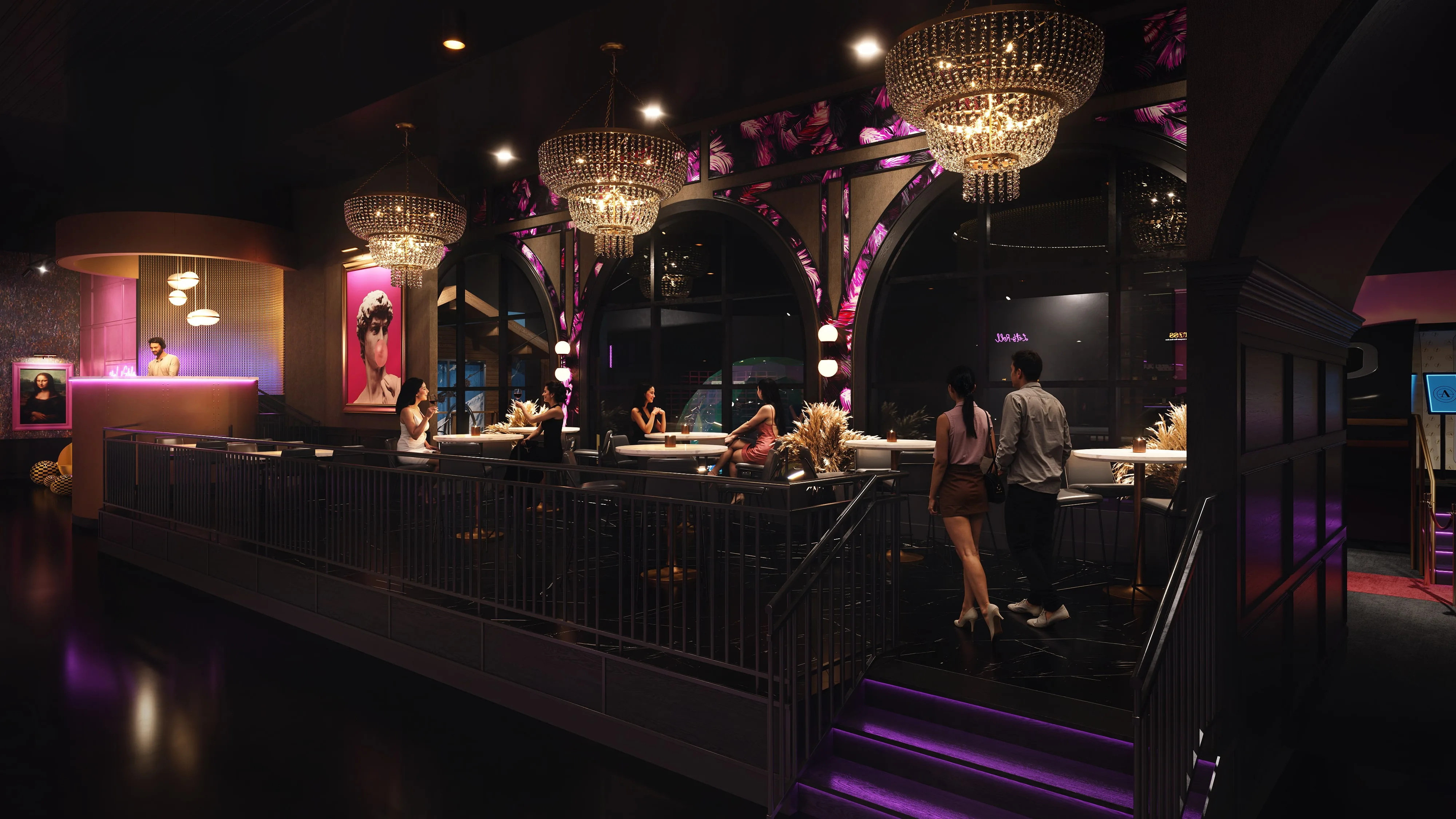 A crystal-lit lounge with arched windows, patterned walls, and sleek seating in a 3D visualization