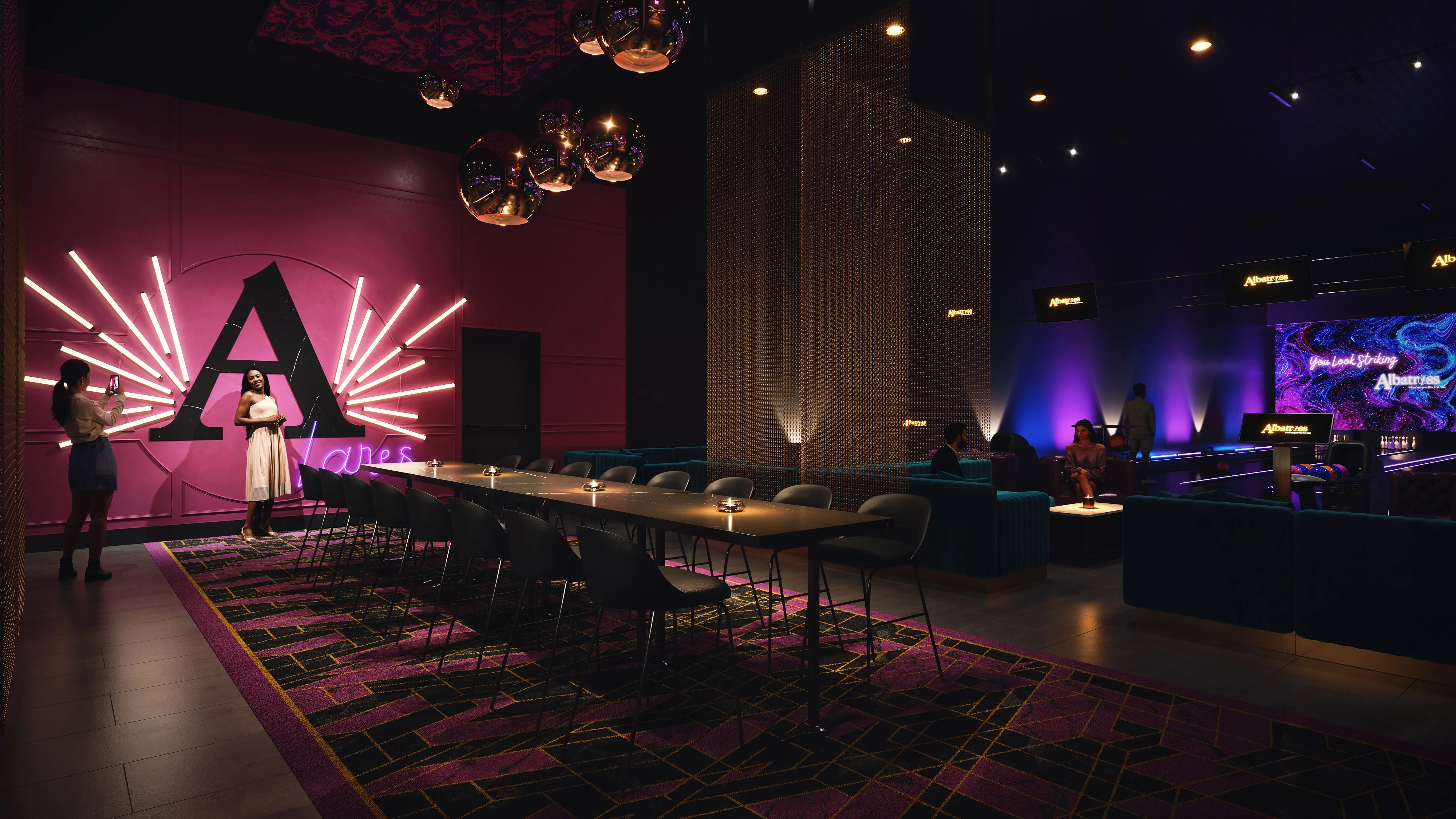 A cozy corner with lounge chairs and a neon sign wall in a hospitality-themed 3D rendering interior