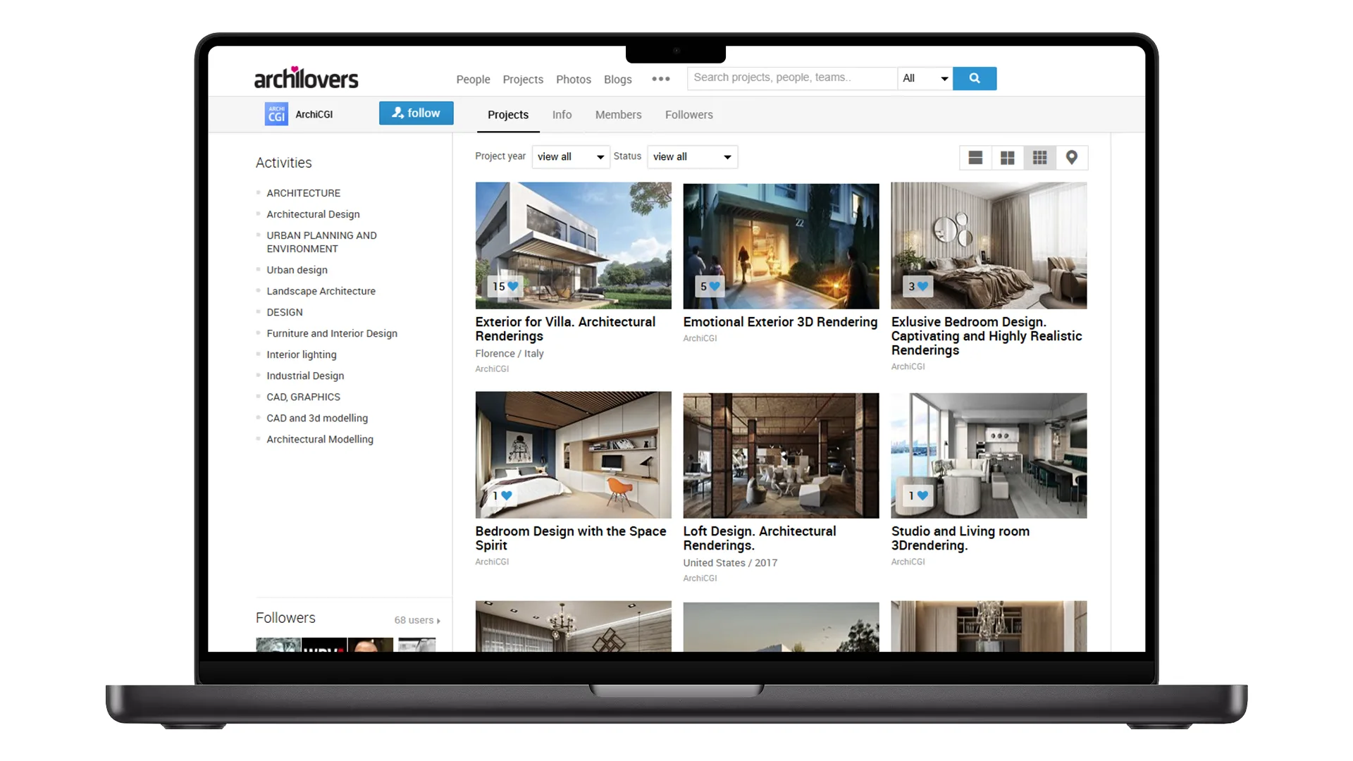 Social media profile on Archilovers showcasing architectural renders and interior visualizations organized into project galleries