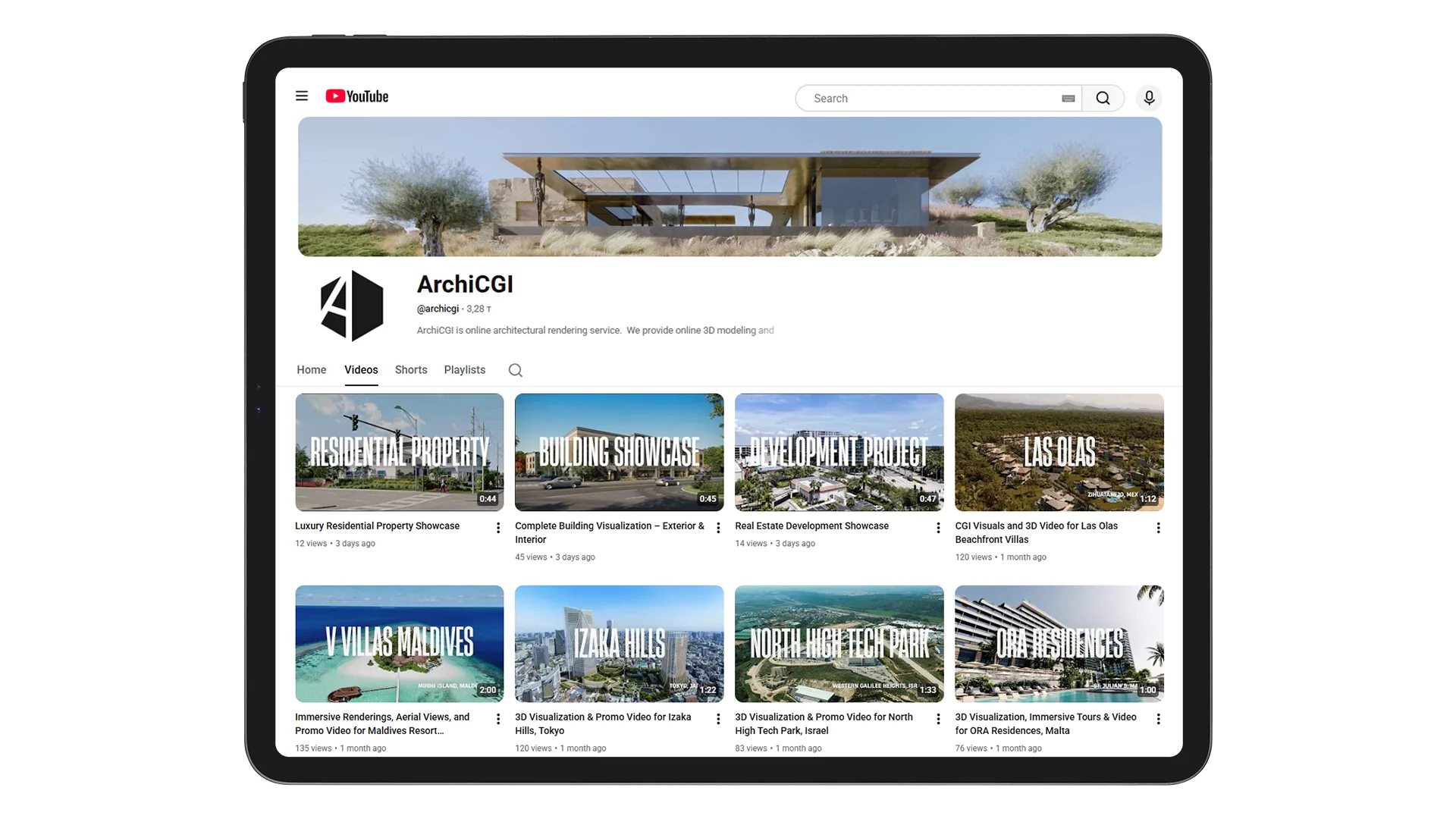 YouTube social media channel highlighting architectural renderings and cinematic real estate visualizations in video showcases