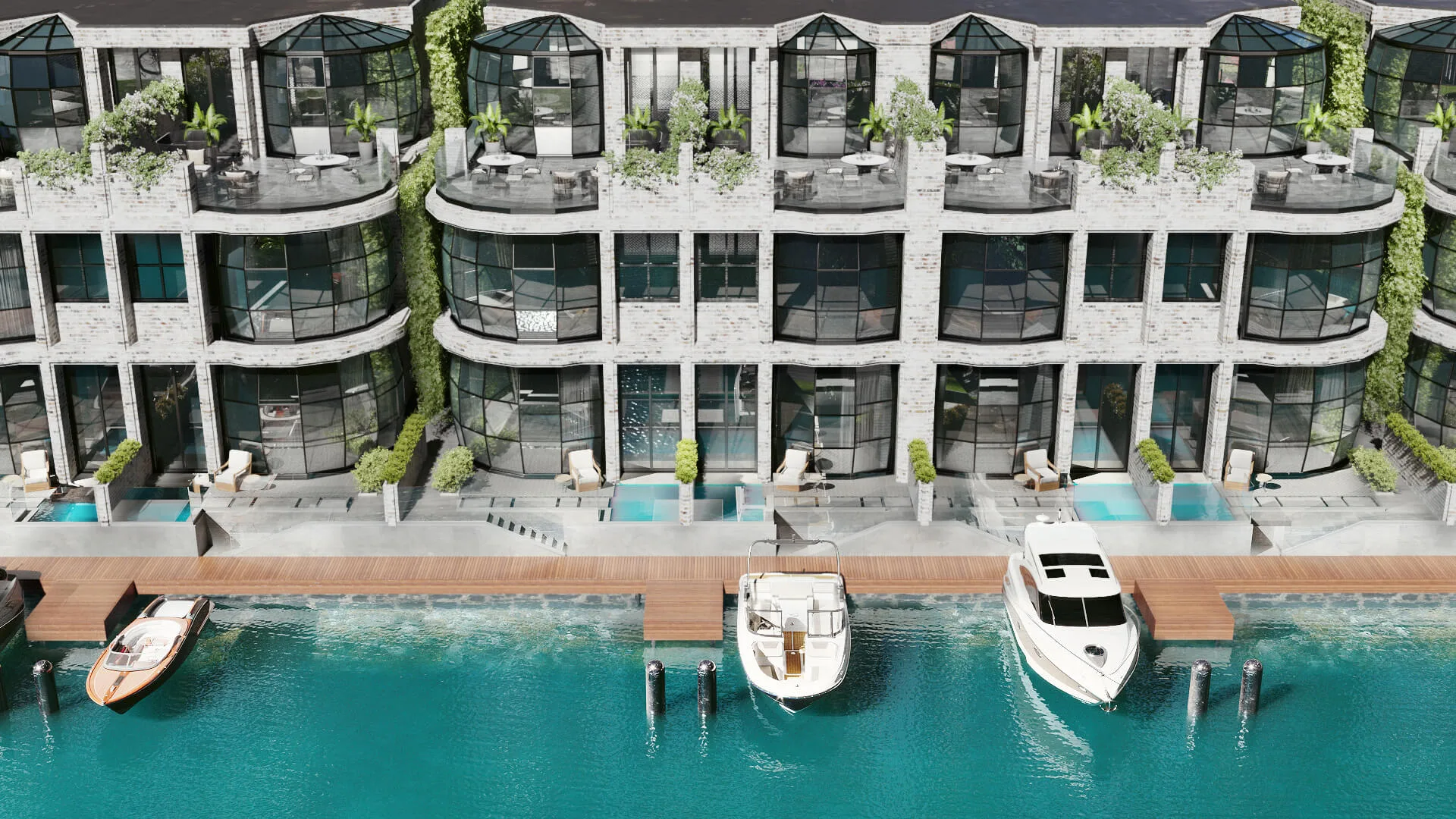 Outdoor 3D rendering of canal-facing townhouses with glass facades, rooftop terraces, plunge pools, and moored boats