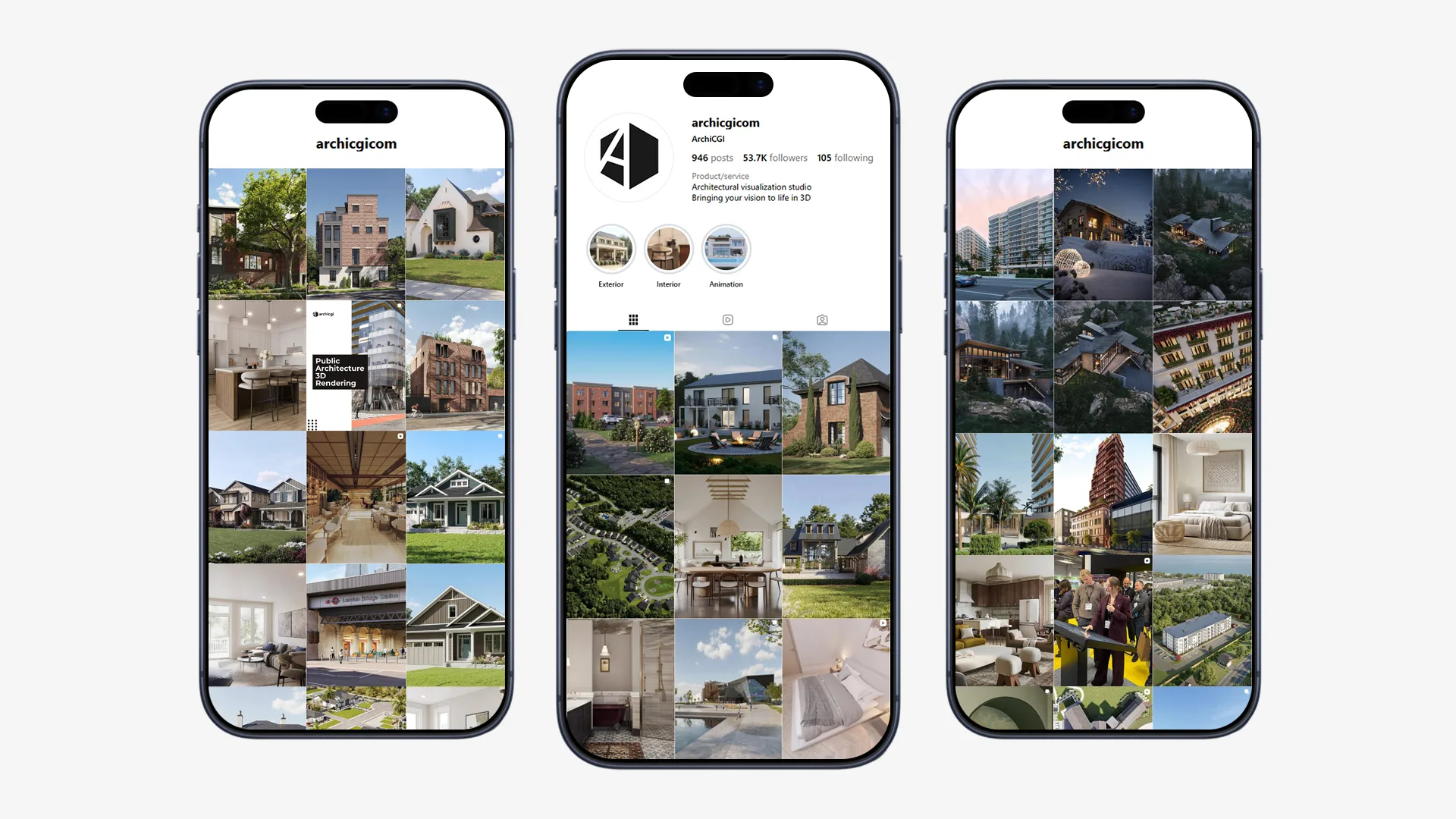 Instagram social media feed on mobile phones showcasing architectural visualizations and projects