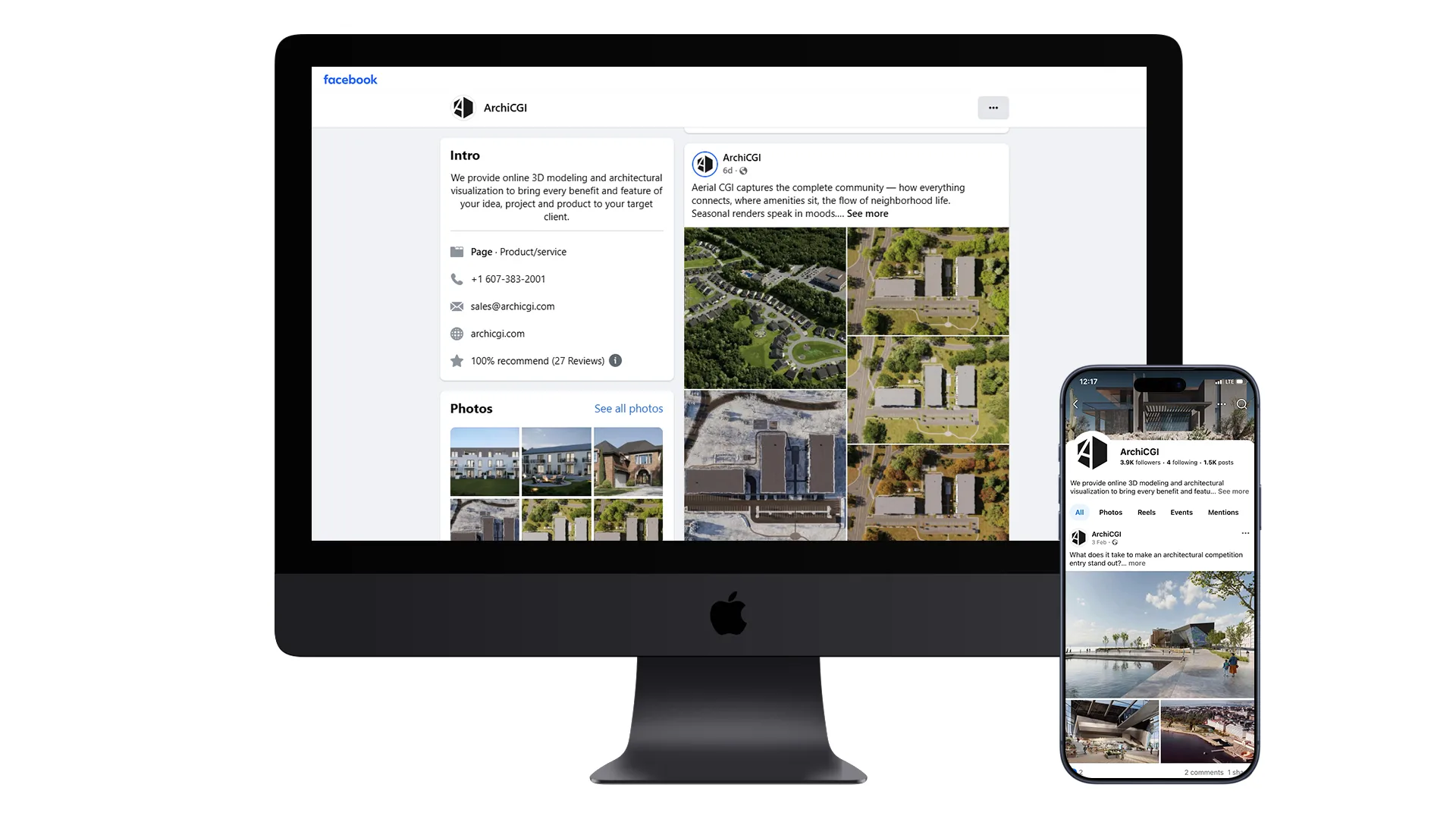 Facebook social media page presenting aerial community renderings and architectural visualizations in a branded post layout