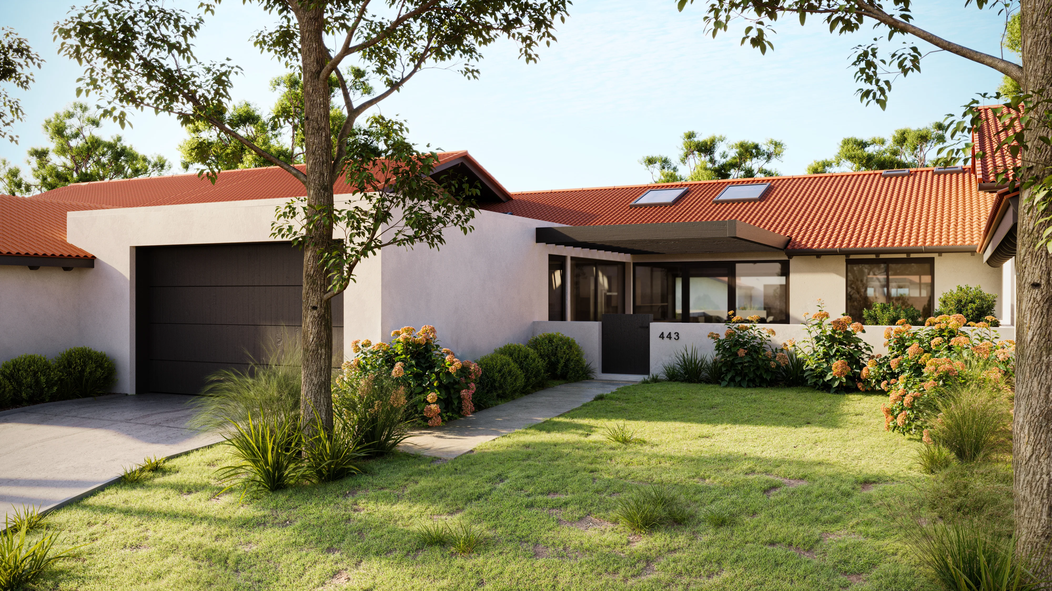 3D rendering of a modern stucco house in California with a red tile roof, landscaped yard, and garage