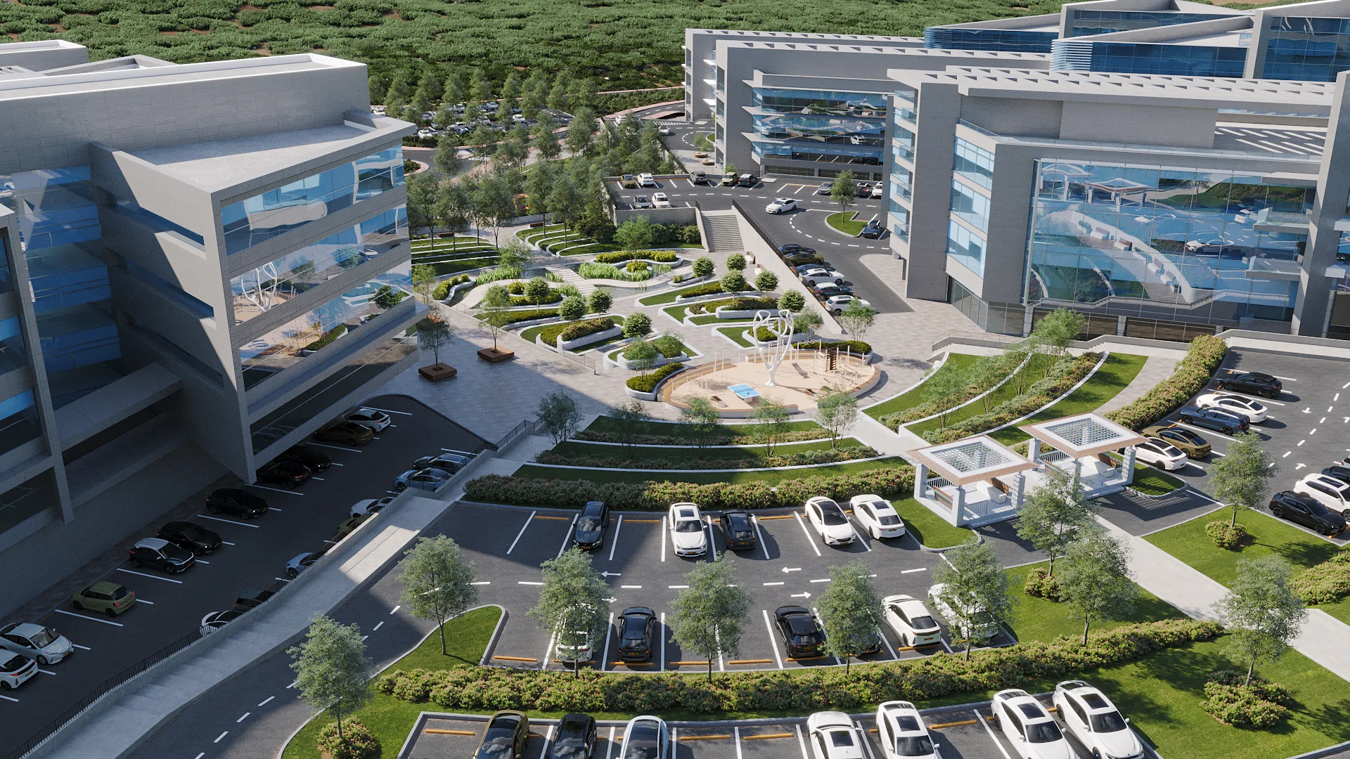 3D visualization of a modern office campus with landscaped courtyard, pathways, and parking areas