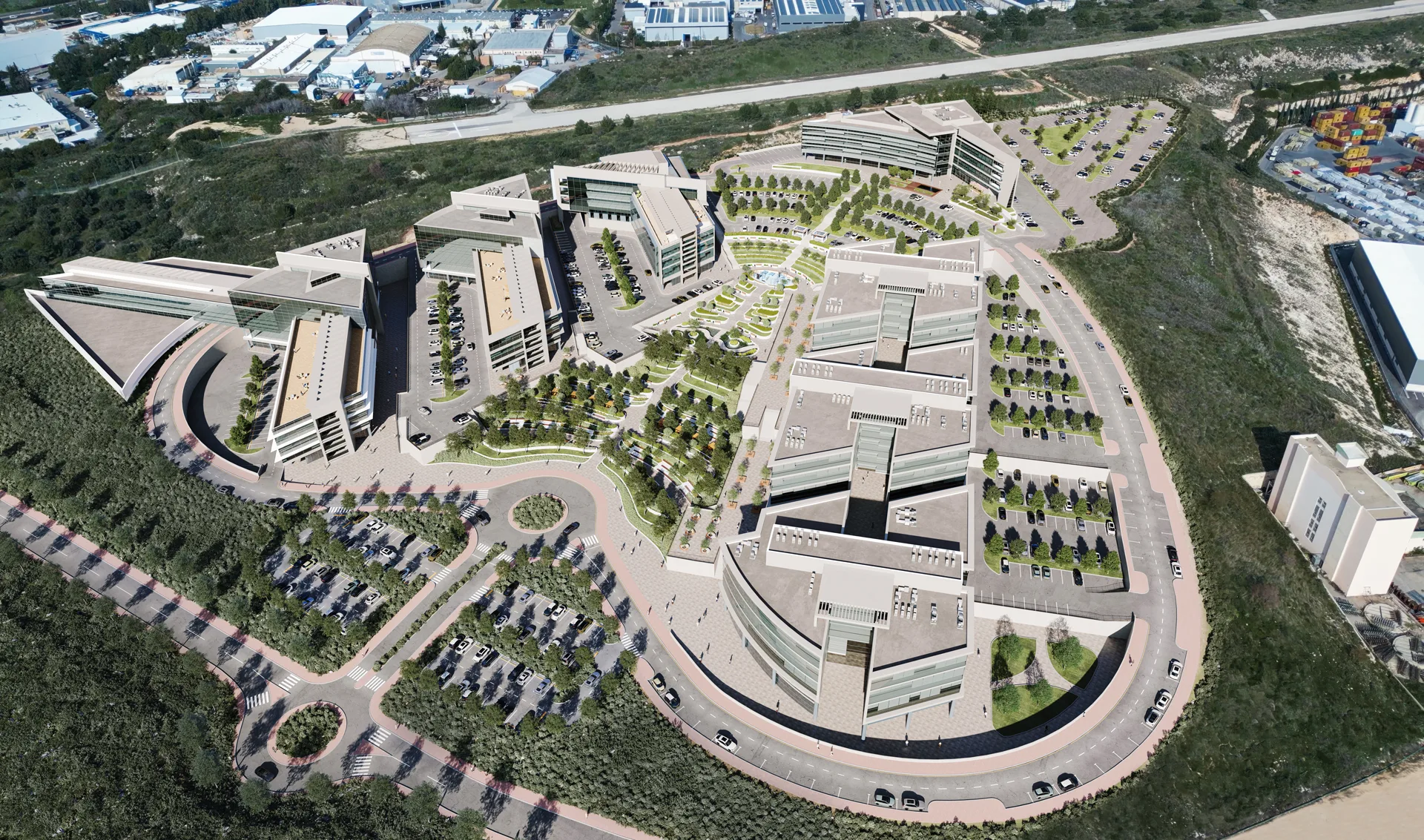 3D Visualization showing a large office campus from above with curved buildings, parking areas, and landscaped public spaces