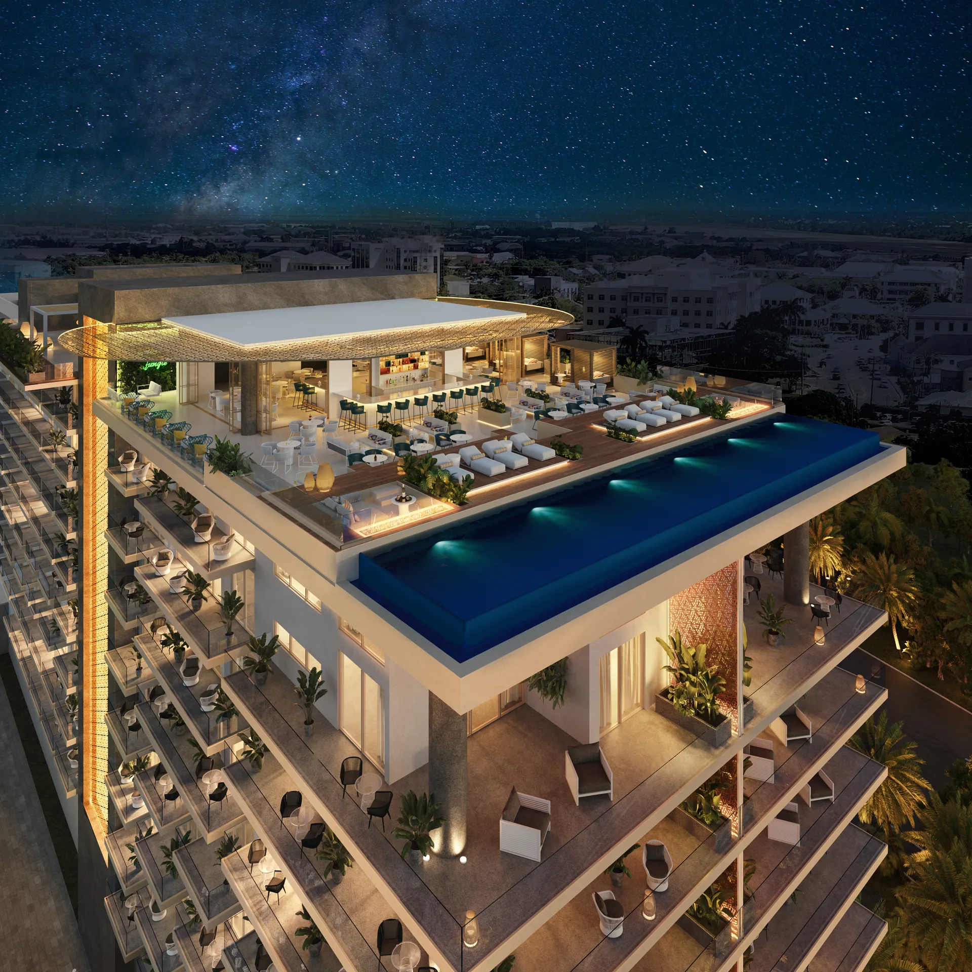 3D visualization of a hotel rooftop infinity pool with bar, lounge deck, and night cityscape of George Town