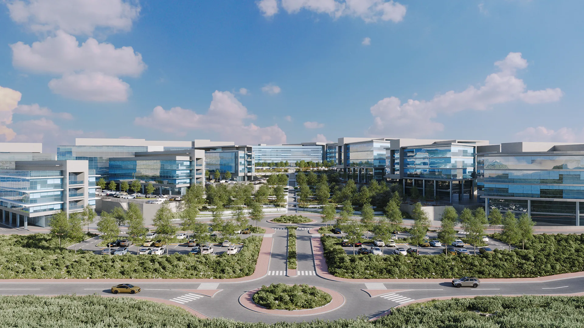 3D visualization of a large business park masterplan with multiple buildings, roads, and green areas