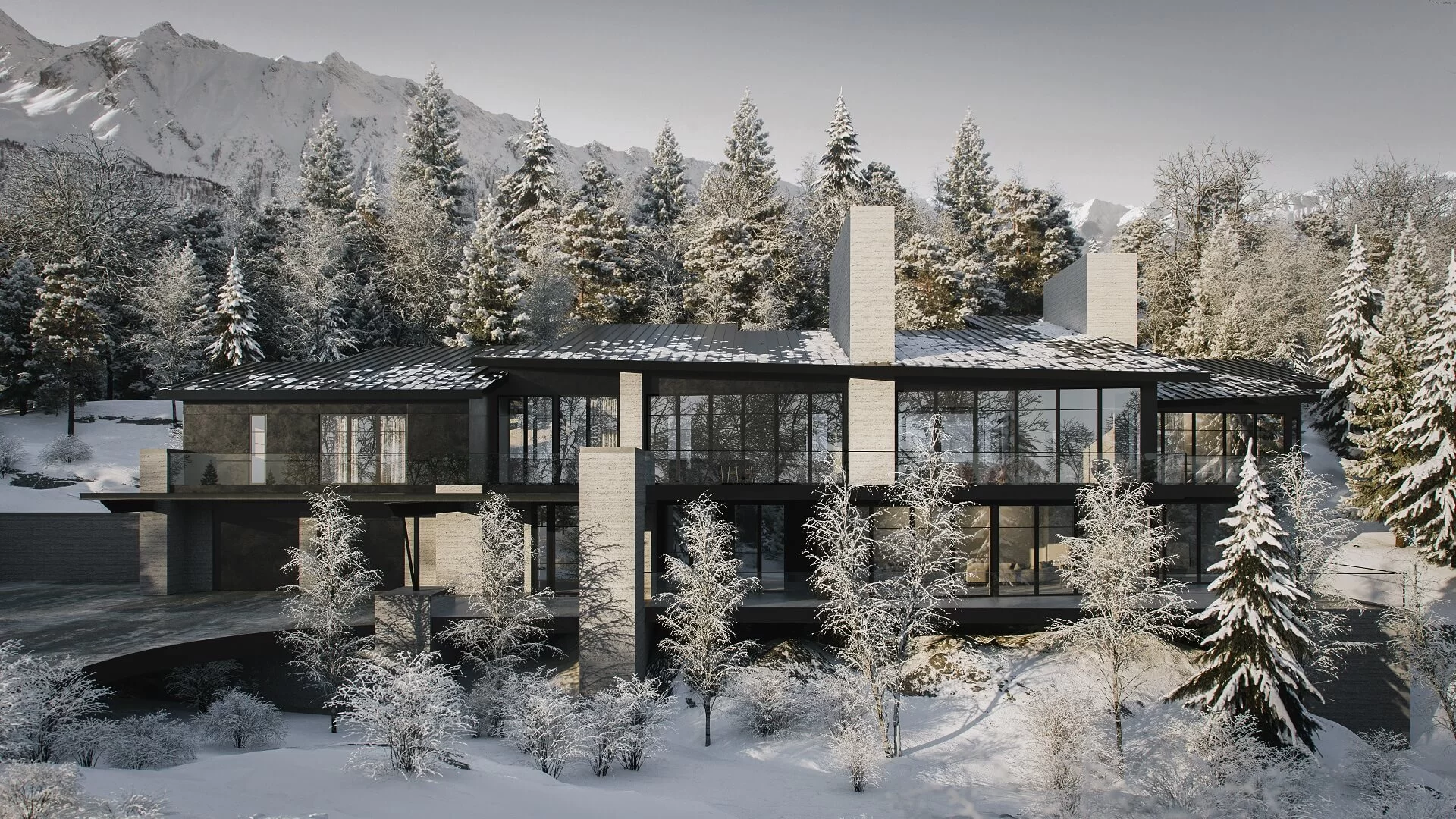 Modern mountain chalet surrounded by snow-covered trees and overcast winter light in a photorealistic 3D rendering.