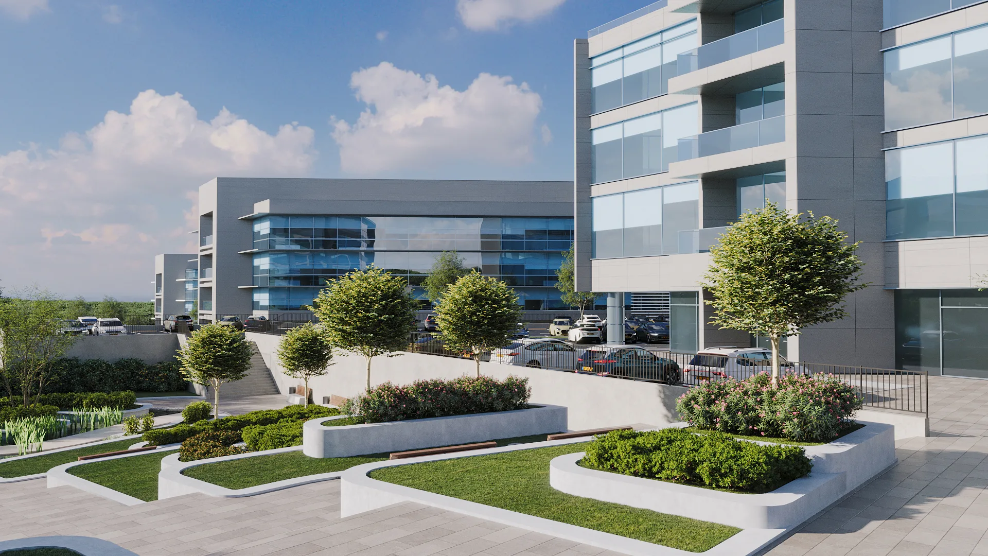 Architectural visualization of landscaped terraces and pathways surrounding a modern office building complex