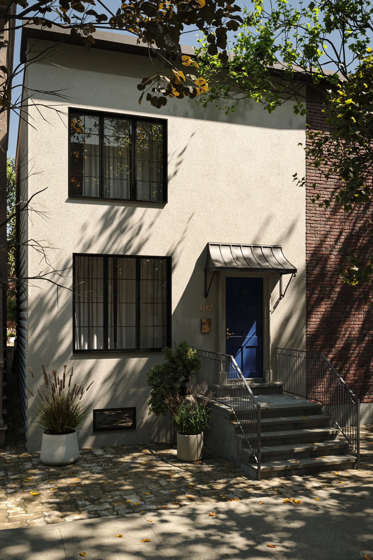 Architectural 3D render of a small urban home with a stucco facade, blue door, and brick side wall