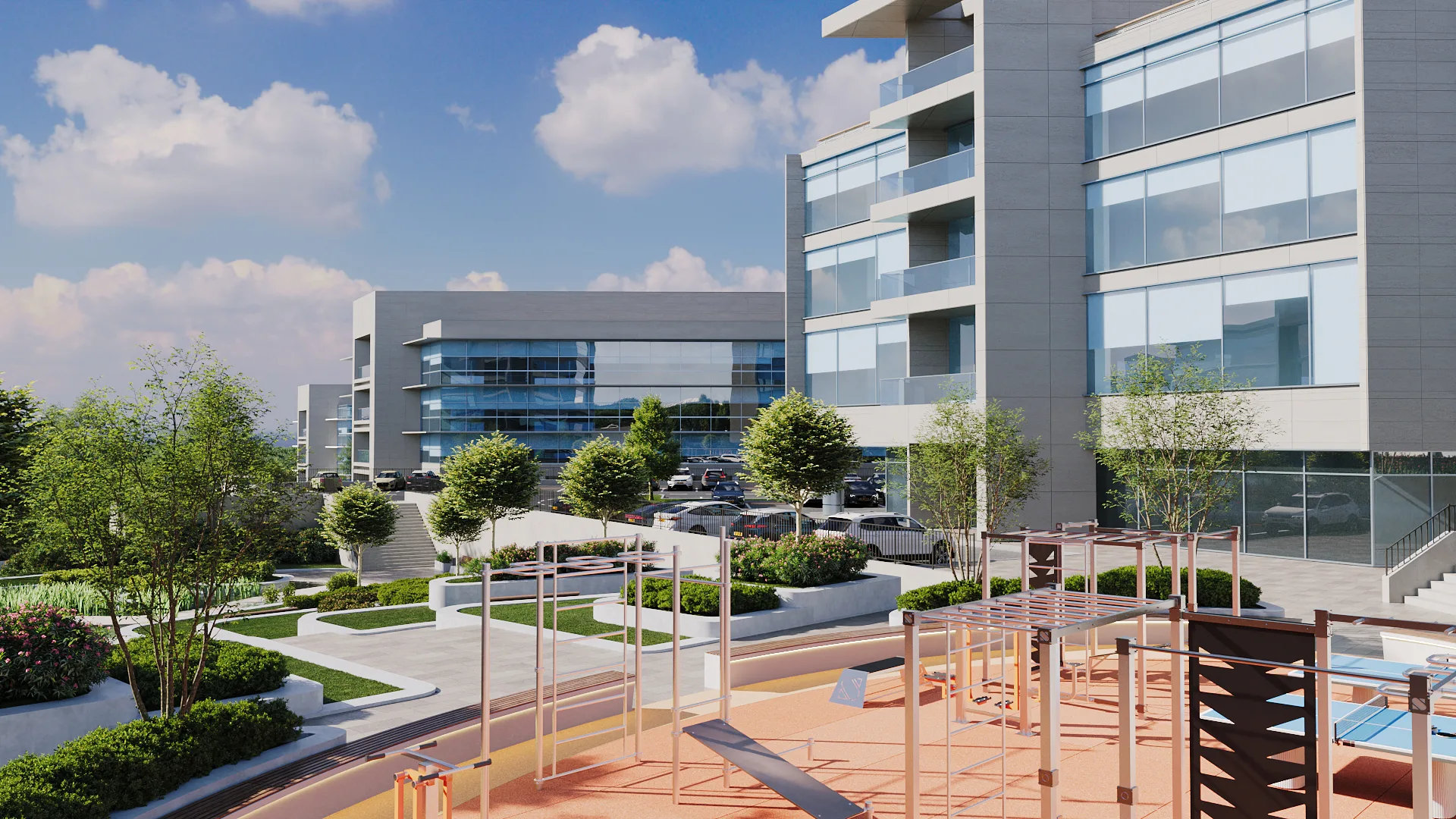 Architectural visualization featuring a playground and landscaped seating zones